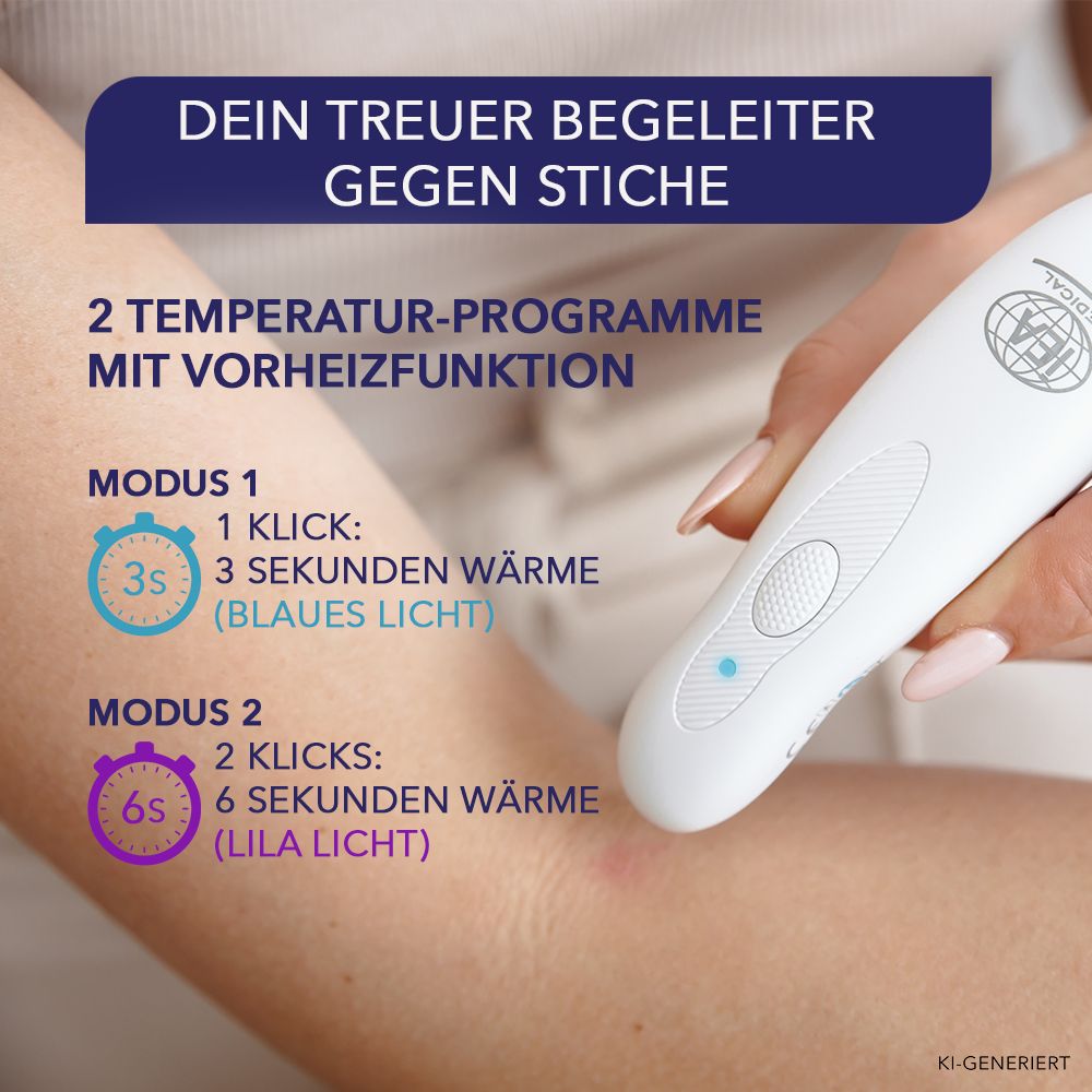 IEA Medical Insektenstichheiler mit zwei Temperaturprogrammen und Vorheizfunktion, Nahaufnahme.