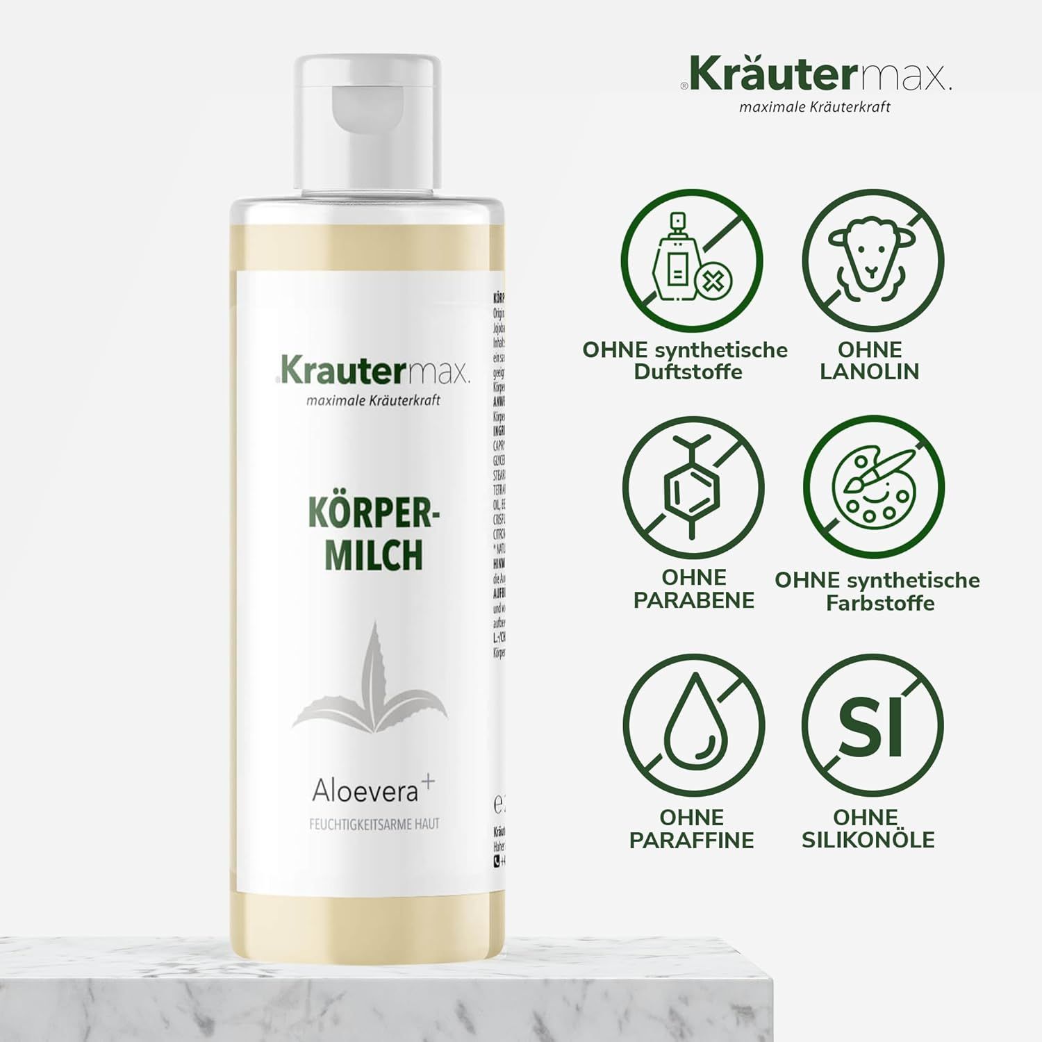 Körpermilch-Flasche mit Logo und Siegeln: Ohne synthetische Duftstoffe, Lanolin, Parabene, Farbstoffe, Paraffine, Silikonöle.