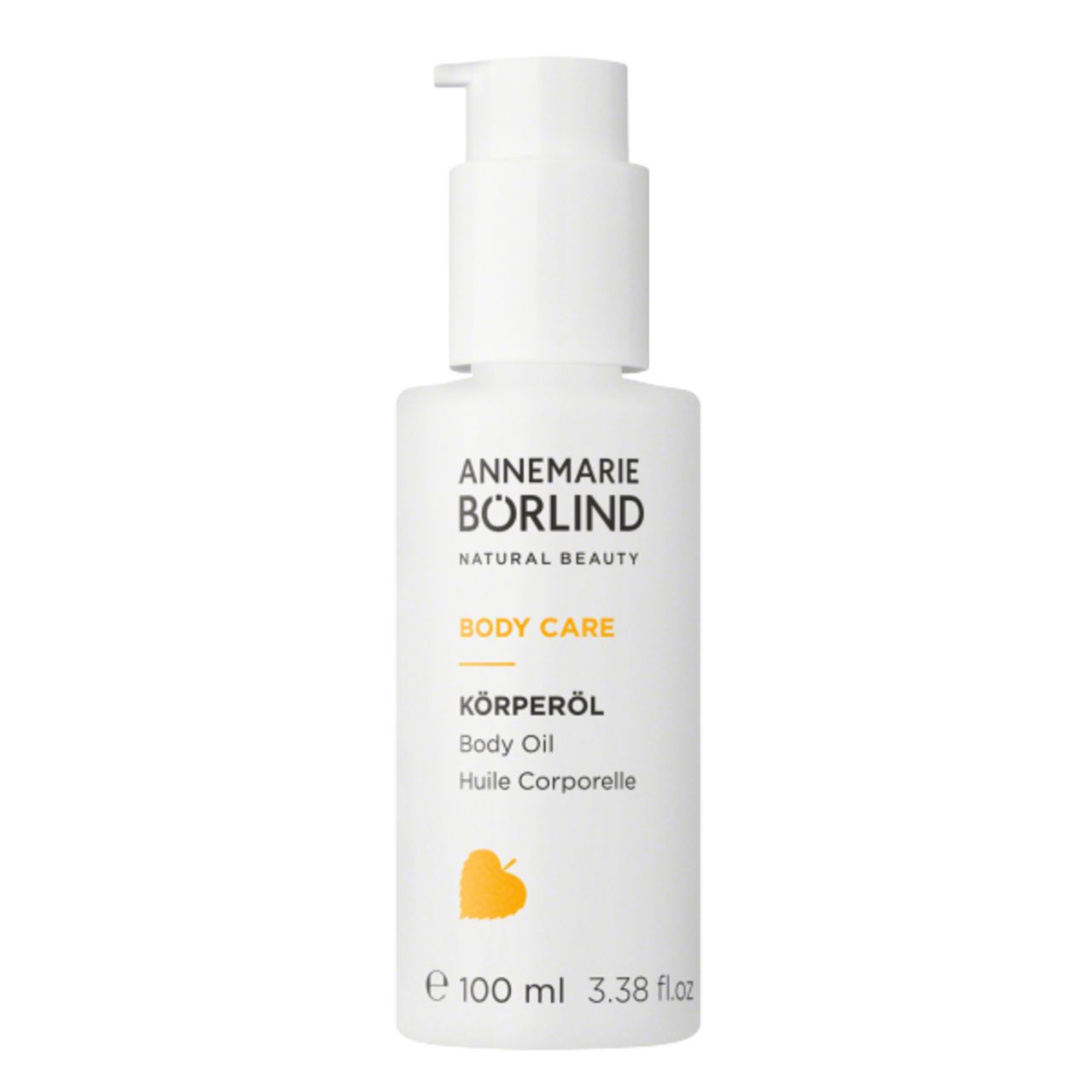 Weiße Flasche mit Pumpe. Aufschrift: ANNEMARIE BÖRLIND, BODY CARE, KÖRPERÖL. Gelbes Blatt-Symbol. 100 ml.