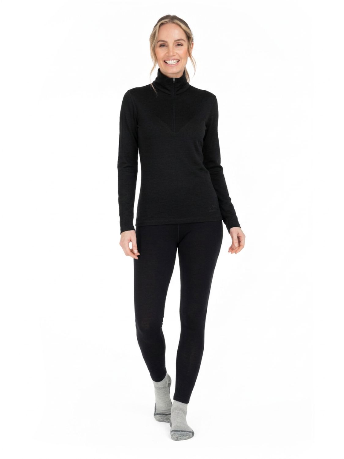 Schwarzer Damen-Merino-Pullover mit durchgehendem Reißverschluss und Stehkragen.