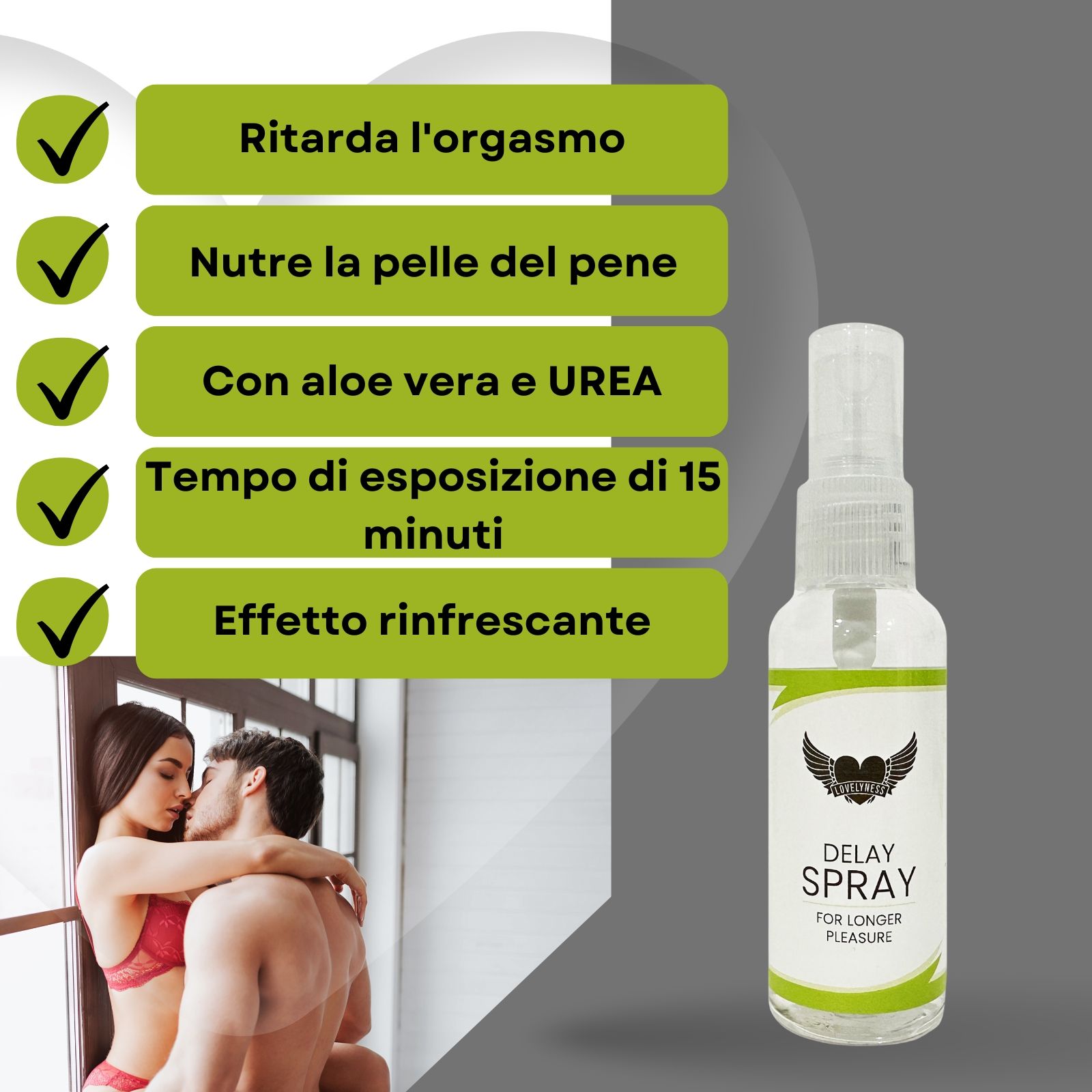 Flacone spray. Testo: Delay Spray, For Longer Pleasure. Coppia che si abbraccia. Testo: Ritarda l'orgasmo.