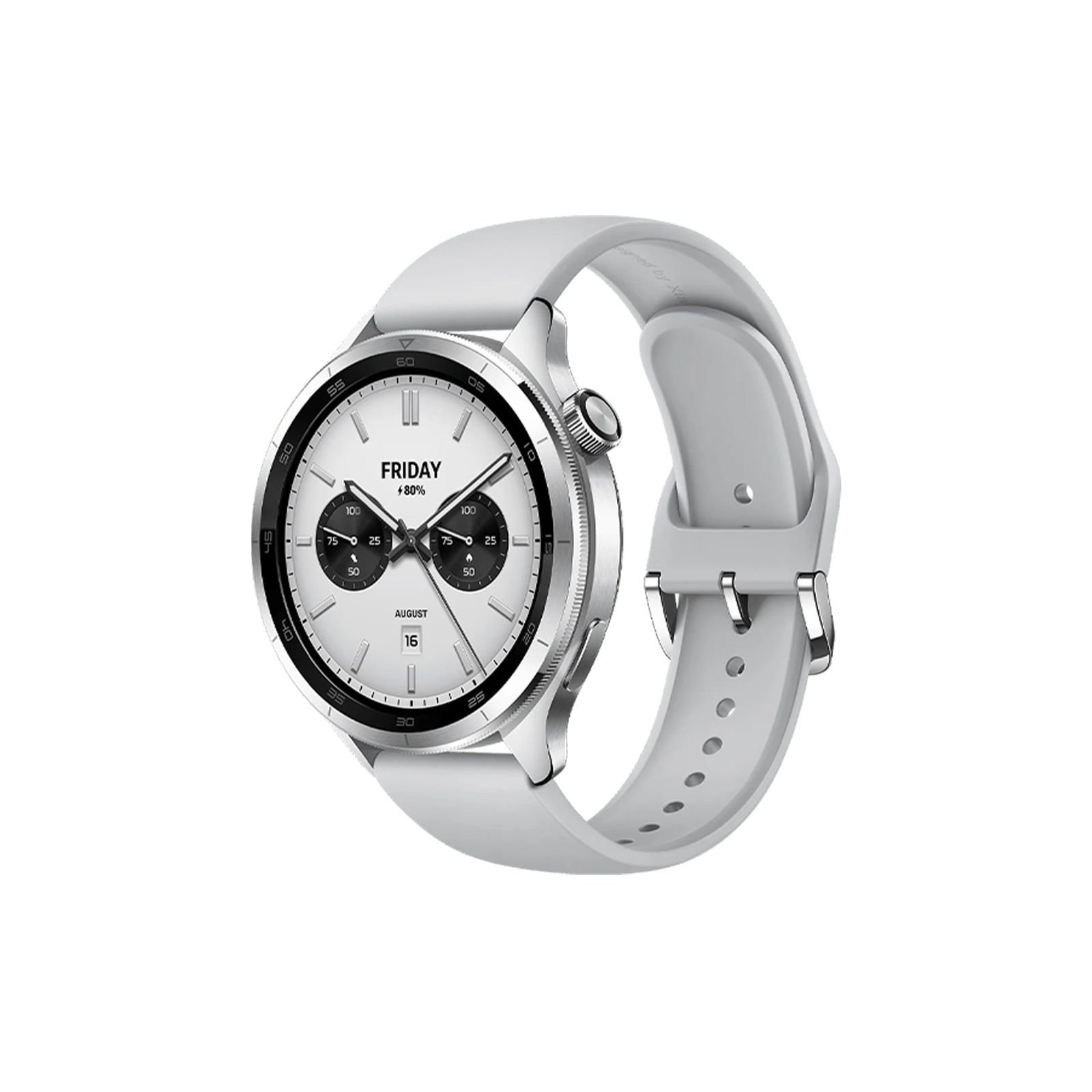 Silberne Smartwatch mit weißem Armband. Rundes Zifferblatt mit schwarzen Details. Zeigt Tag, Datum und %-Anzeige.