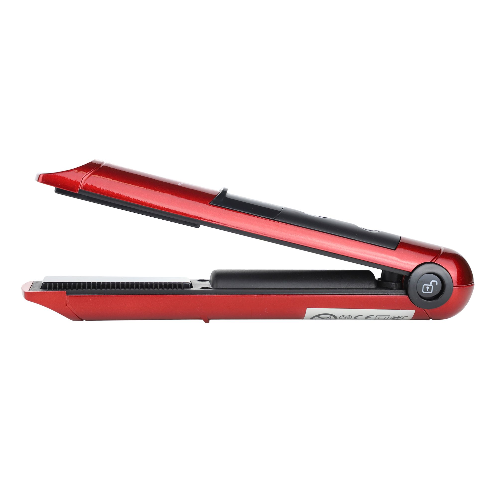 Roter, kabelloser Haarglätter mit USB-Aufladung, seitliche Ansicht.