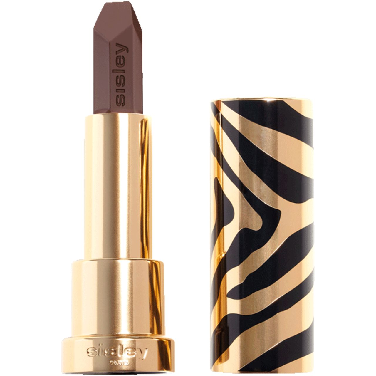 Lippenstift mit brauner Spitze und goldener Hülse mit Zebra-Muster. Marke: Sisley.