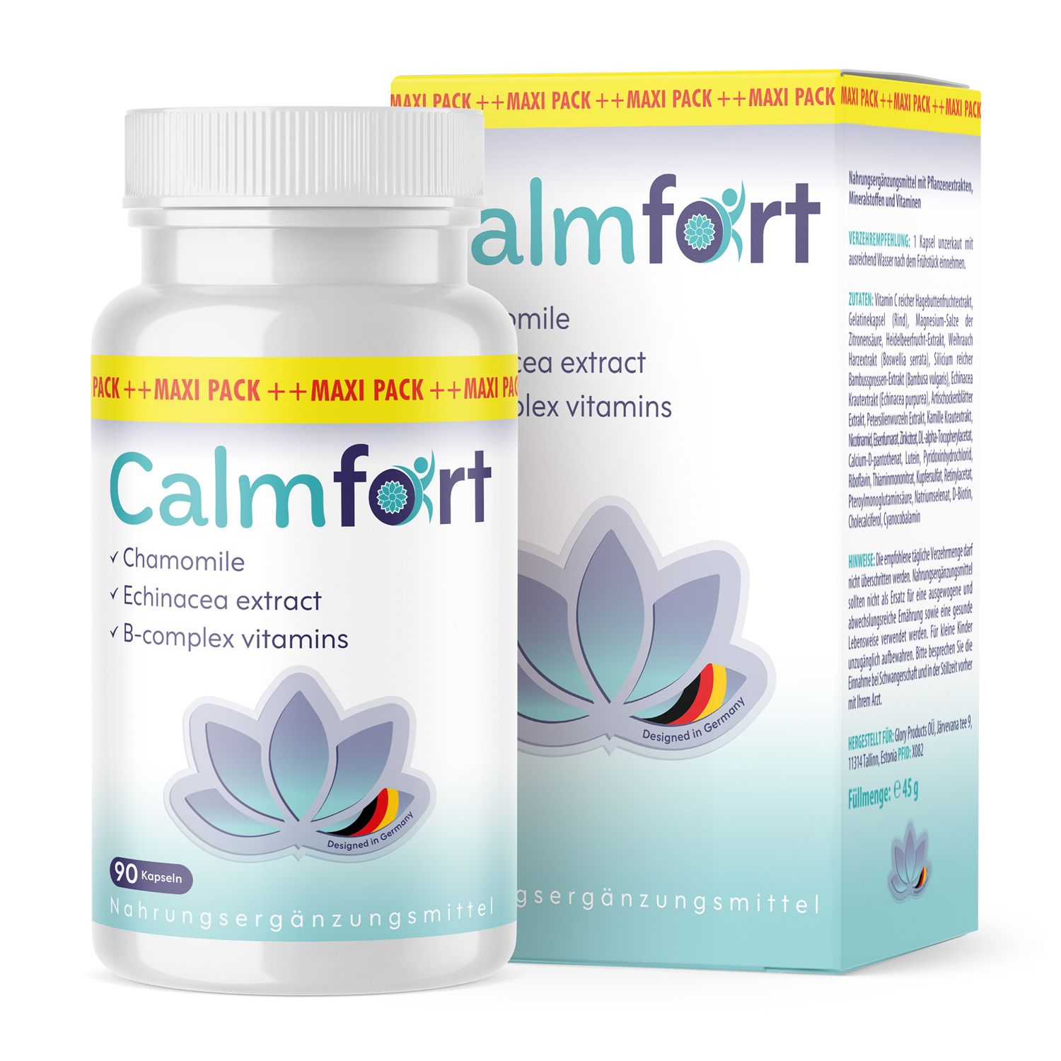 Weißes Pillenglas mit Kapseln und Karton. Aufschrift Calmfort, Kamille, Echinacea, B-Vitamine. 90 Kapseln. Verpackung mit Maxi Pack.