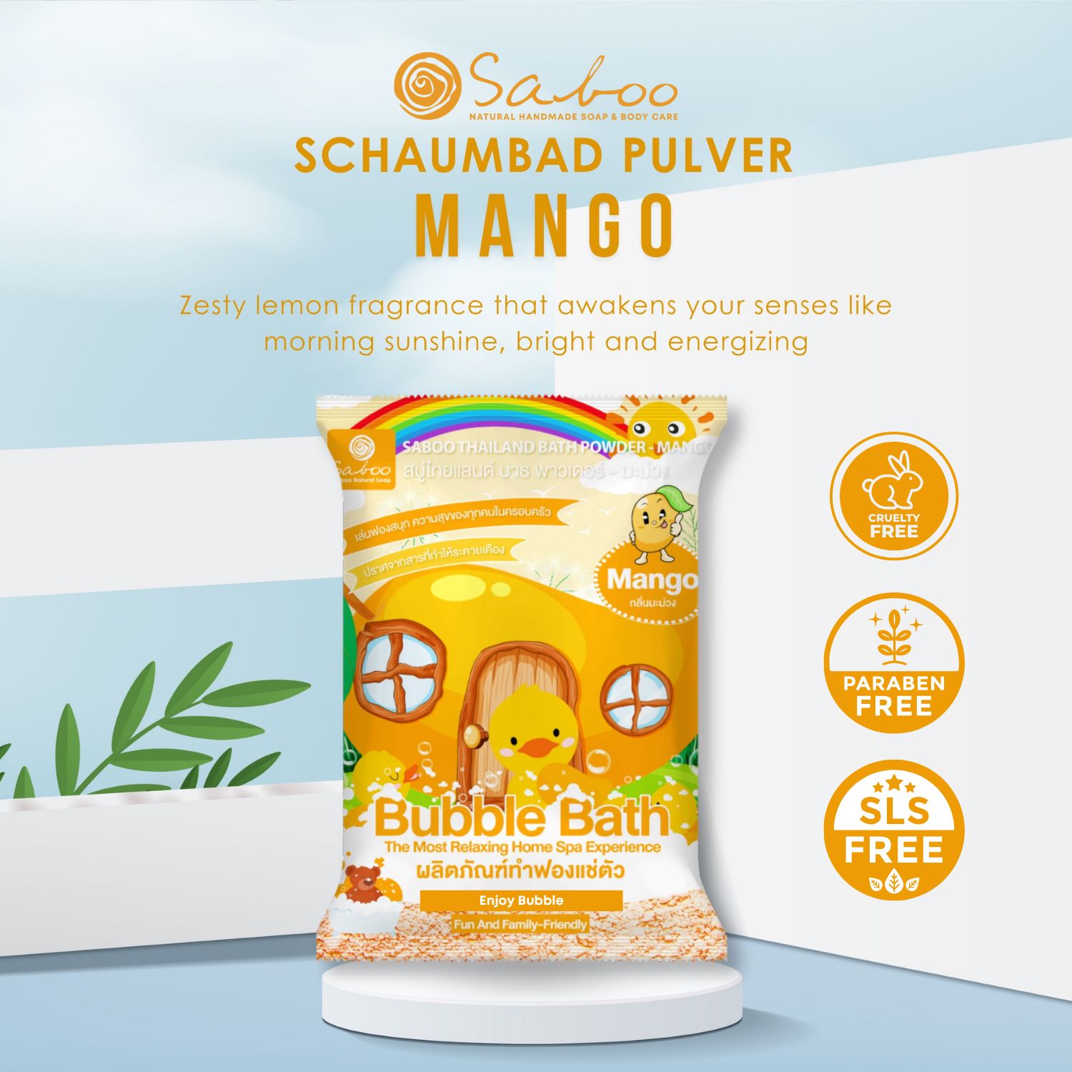 SABOO Schaumbad Pulver Mango. Gelbe Verpackung mit Mango-Motiven. Logo und Zertifizierungen.