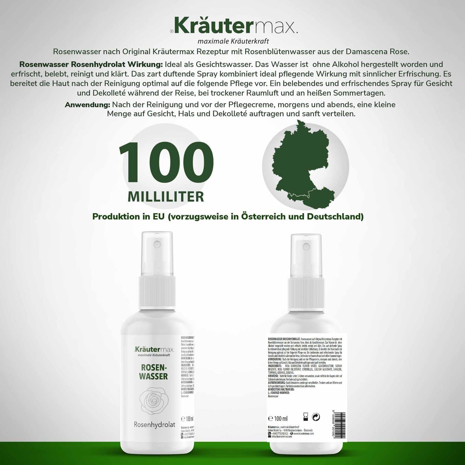 Zwei weiße Sprühflaschen. Eine mit Rosenwasser-Etikett, die andere mit Text. 100 Milliliter. Kräutermax.