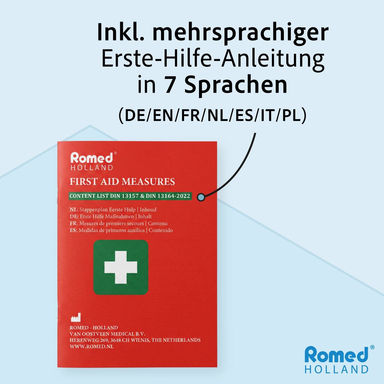 Mehrsprachige Erste-Hilfe-Anleitung (DE/EN/FR/NL/ES/IT/PL) des Romed Nachfüllsets, rote Broschüre mit weißem Kreuz.