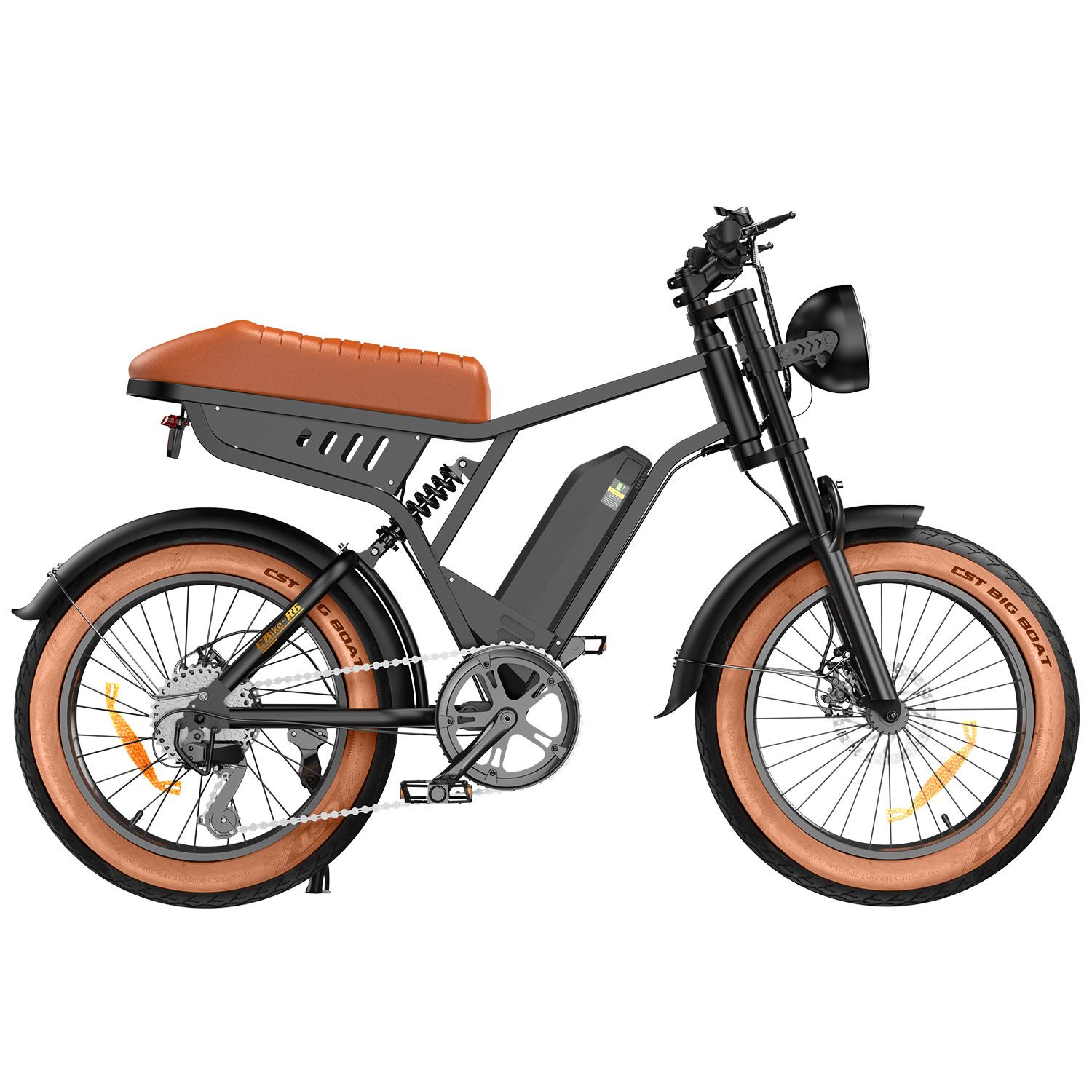 Schwarzes E-Bike mit braunem Sattel und Reifen. Große Reifen, Scheinwerfer und Batterie.