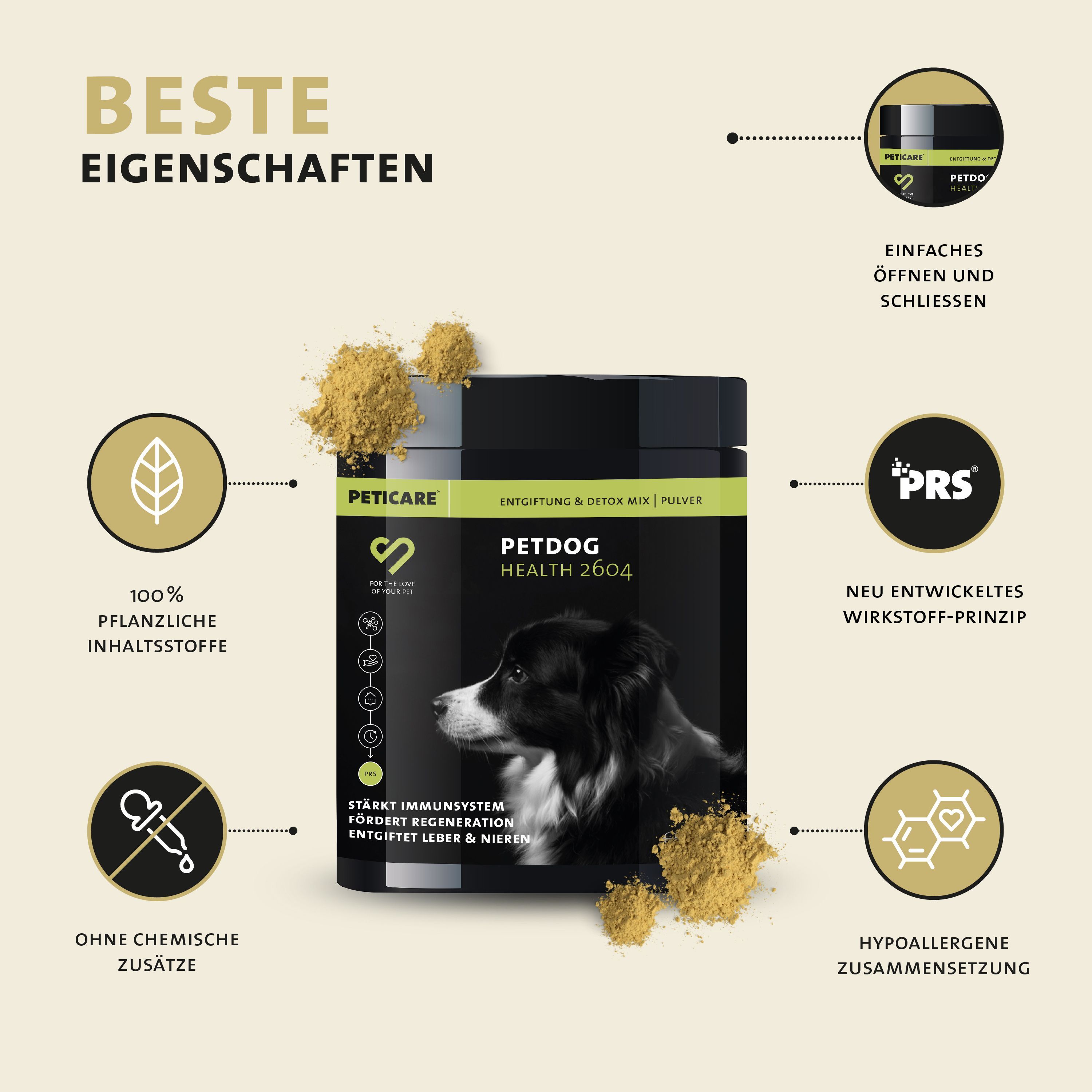 Peticare Detox-Mix Pulver Behälter mit Icons: Blatt, Tropfen, Kreis mit C, Hexagon.