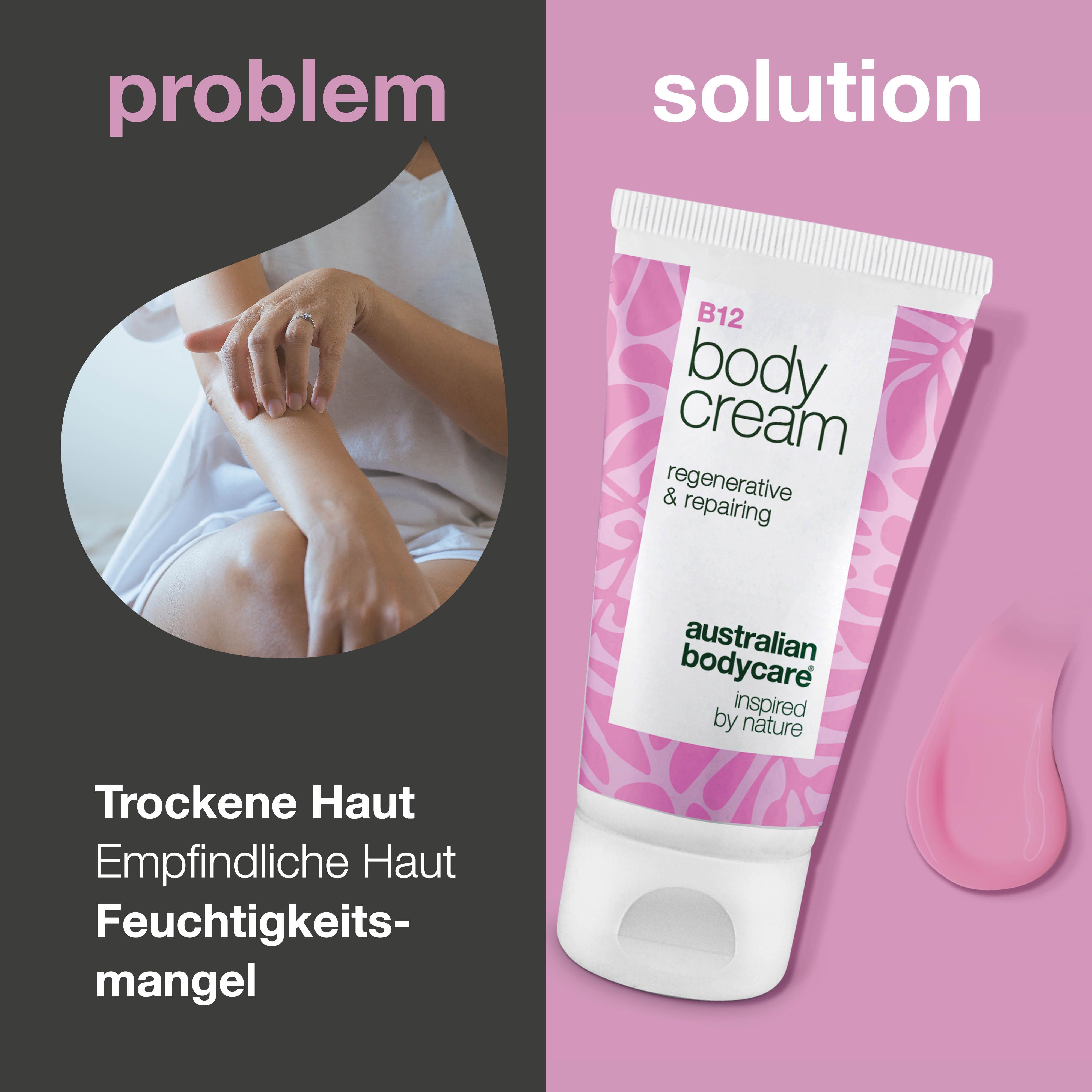 Problem: trockene, empfindliche Haut, Feuchtigkeitsmangel. Lösung: B12 Body Cream, Australian Bodycare.