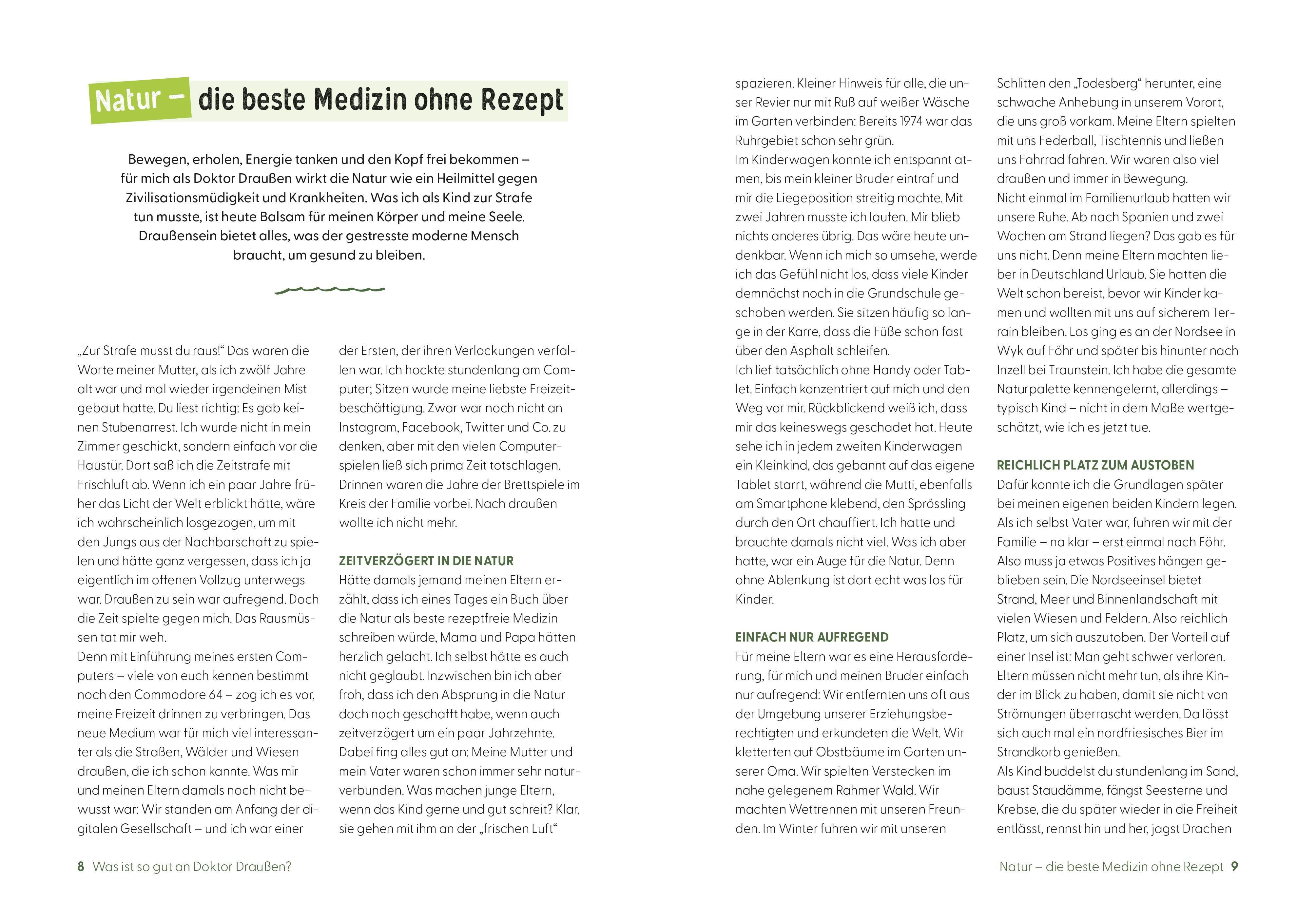 Buchinnenseite. Kapitelüberschriften und Illustrationen. Themen: Natur, Sport, Wald, Bewegung. Text in deutscher Sprache.