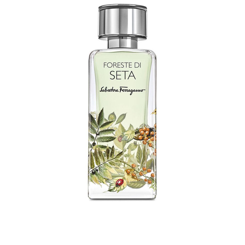 Foreste di Seta EdP Nat. Spray. Rechteckige Glasflasche mit silbernem Deckel. Floral-Dekor mit Blättern und Beeren.