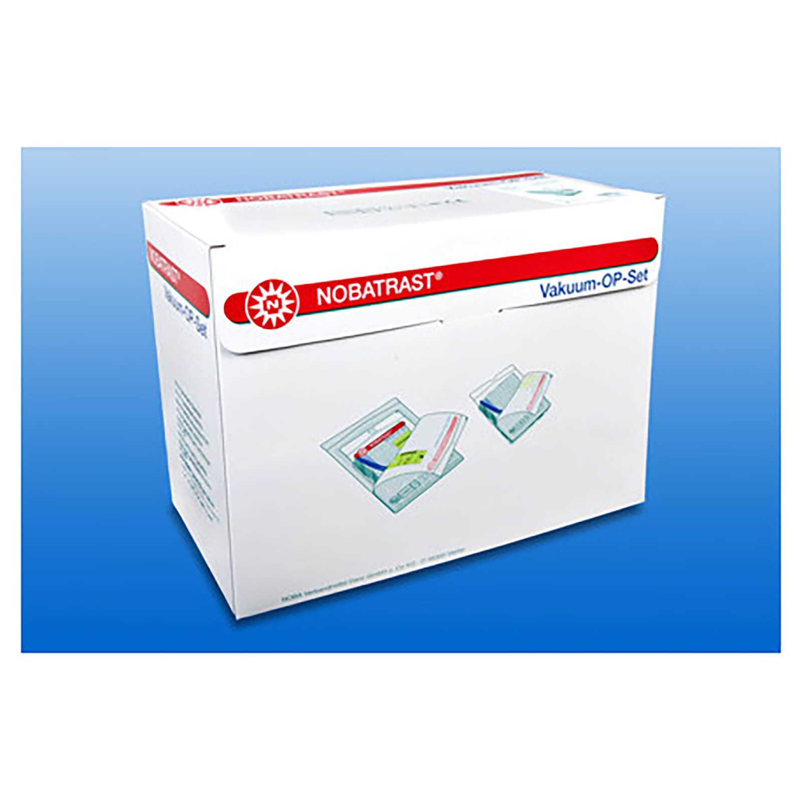 Kartonverpackung mit OP-Set. Weiß mit roter Beschriftung und Logo. Abbildung von Komponenten. Produktbezeichnung sichtbar.