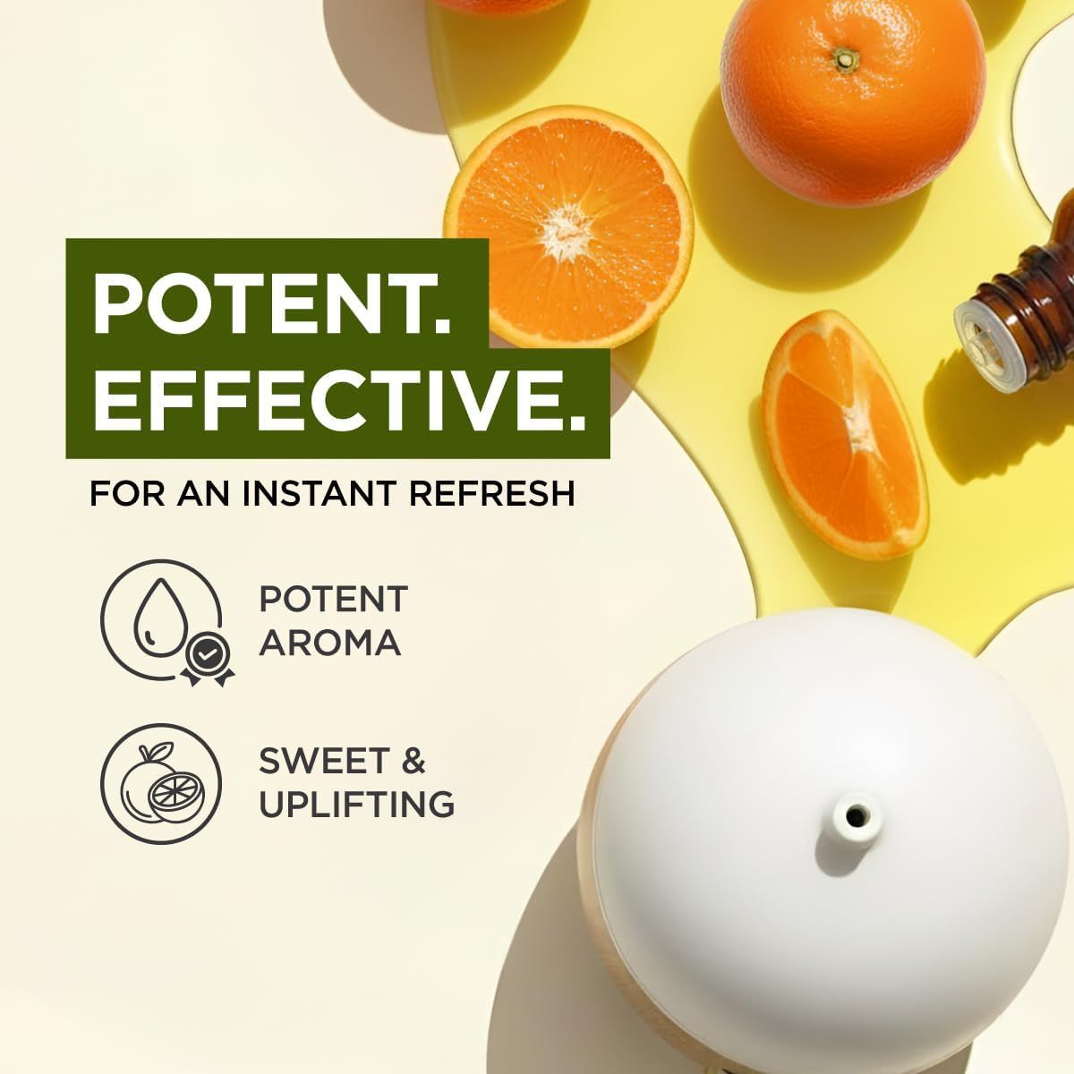 Orangenscheiben und ein Diffusor. Text: Potent. Effektiv. Für eine sofortige Erfrischung. Symbole: Potentes Aroma, süß & erhebend.