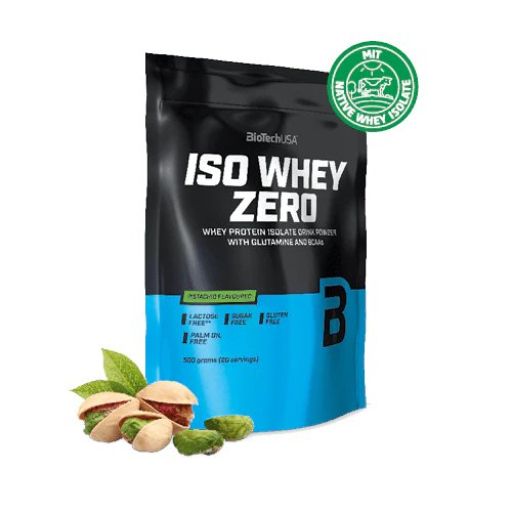 Schwarze Verpackung mit blauem Akzent. Aufschrift: ISO WHEY ZERO. Geschmack: Pistazie. Enthält 500g. Abgebildet: Pistazien.