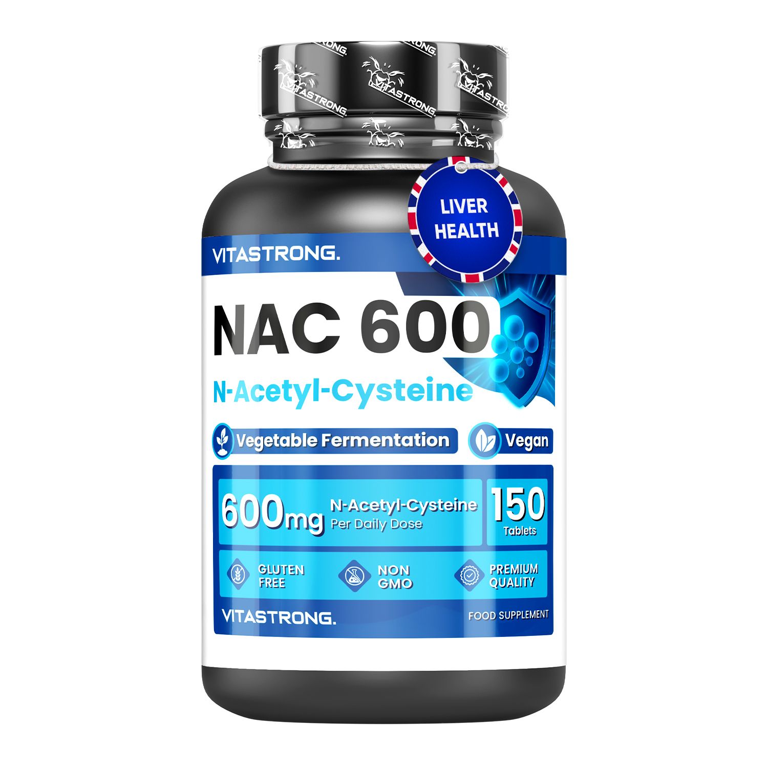 Vitastrong NAC 600 Tabletten. Schwarze Flasche mit weißem Etikett. 150 Tabletten, 600mg N-Acetyl-Cystein.