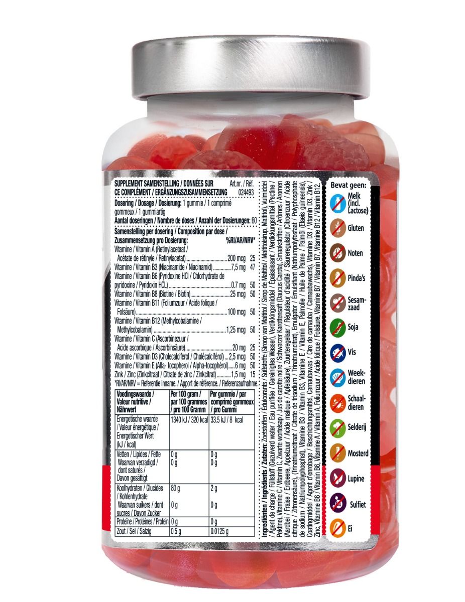 Rückseite einer Flasche mit roten Gummibärchen. Enthält Informationen zu Inhaltsstoffen, Nährwerten und Allergenen. Marke nicht sichtbar.