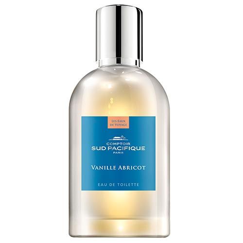 Parfümflasche mit blauem Etikett. Aufschrift: Comptoir Sud Pacifique, Vanille Abricot, Eau de Toilette.