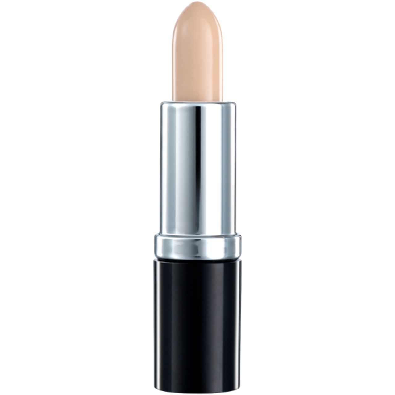Concealer-Stick, geöffnet. Helle, cremefarbene Spitze. Schwarzer und silberner Stift.
