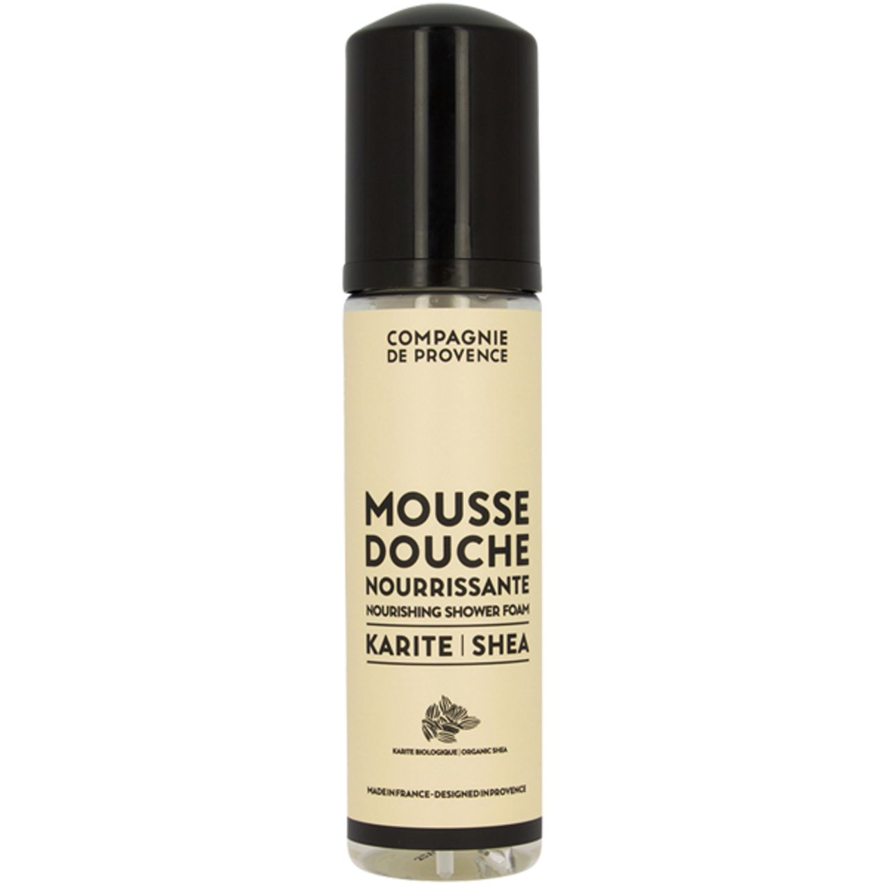 Beige Flasche mit schwarzem Deckel. Aufschrift: MOUSSE DOUCHE NOURRISSANTE, KARITE | SHEA. Marke: Compagnie de Provence.