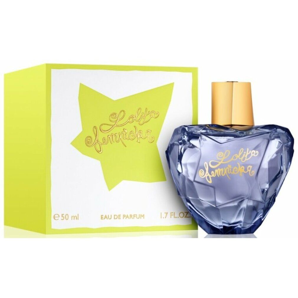 Parfümflakon mit goldfarbenem Verschluss und Karton. Auf dem Flakon steht "Lolita Lempicka". Der Karton hat eine gelbe Sternform.