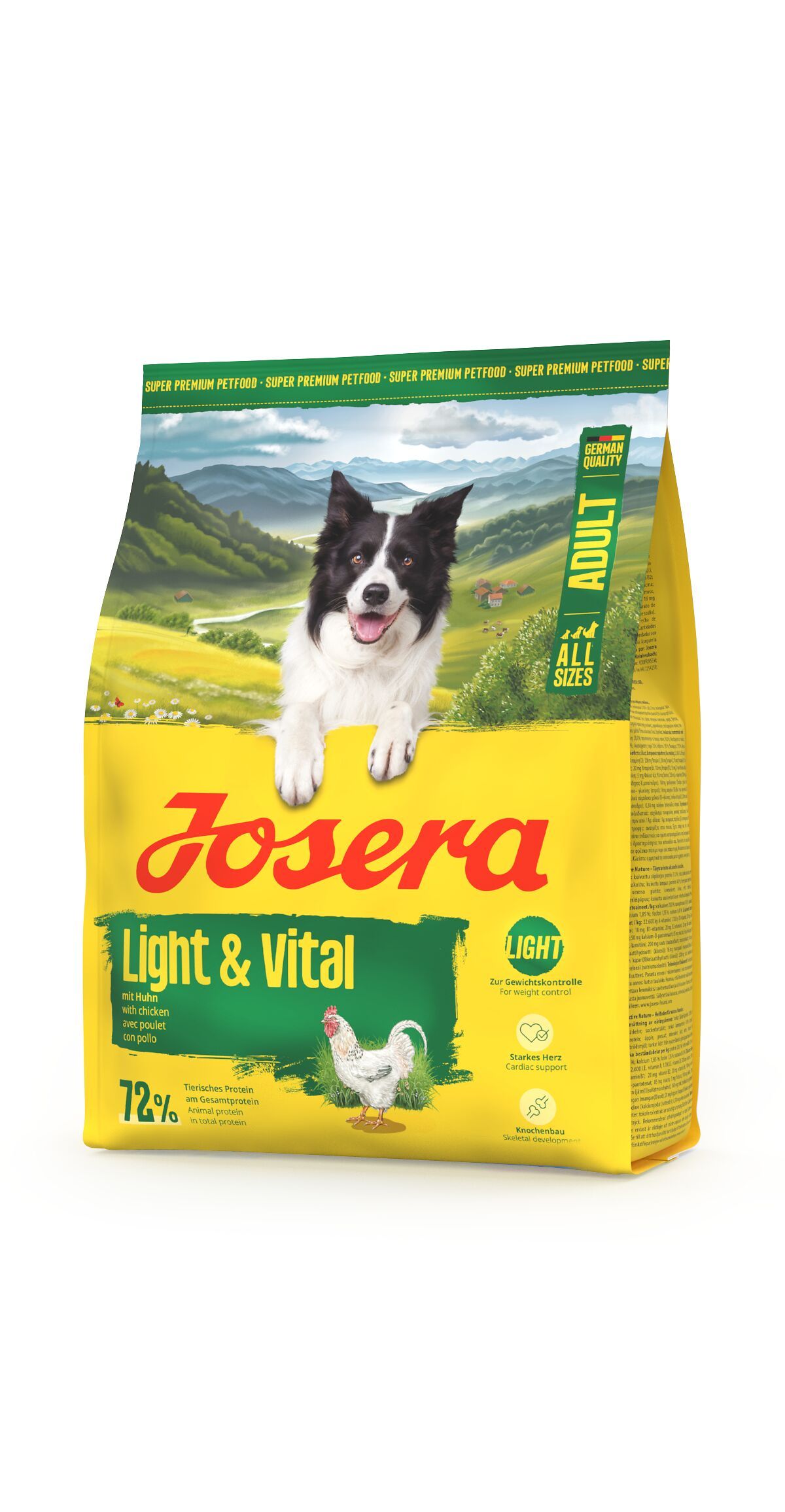 Gelbe Verpackung mit "JOSERA Light & Vital"-Aufdruck. Abgebildet sind ein Hund, eine Henne und grüne Landschaft. "ADULT" und "ALL SIZES" sind sichtbar.