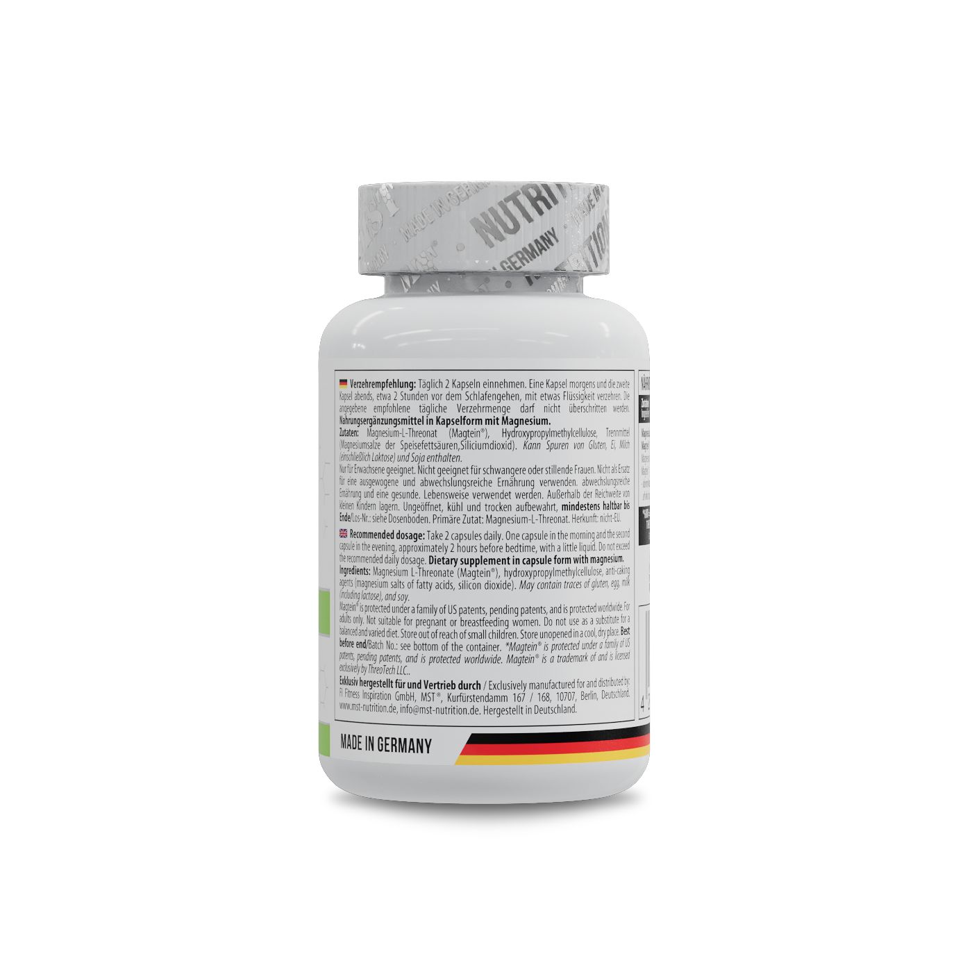 Weiße Flasche mit Kapseln. Etikett mit Text in deutscher und englischer Sprache. Flagge Deutschlands.