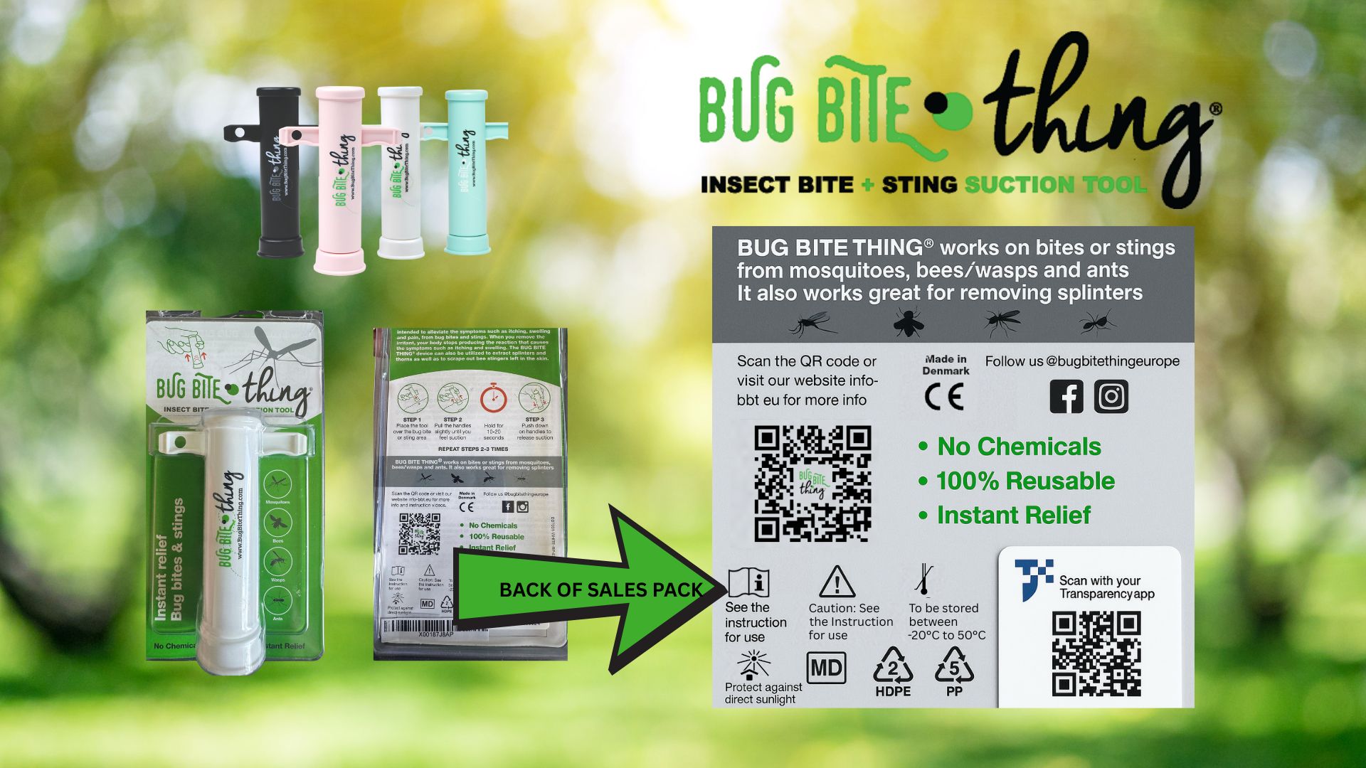 Produktverpackung mit mehreren Geräten. Text: Bug Bite Thing, Insektenstich-Saugwerkzeug. QR-Codes und Informationen.