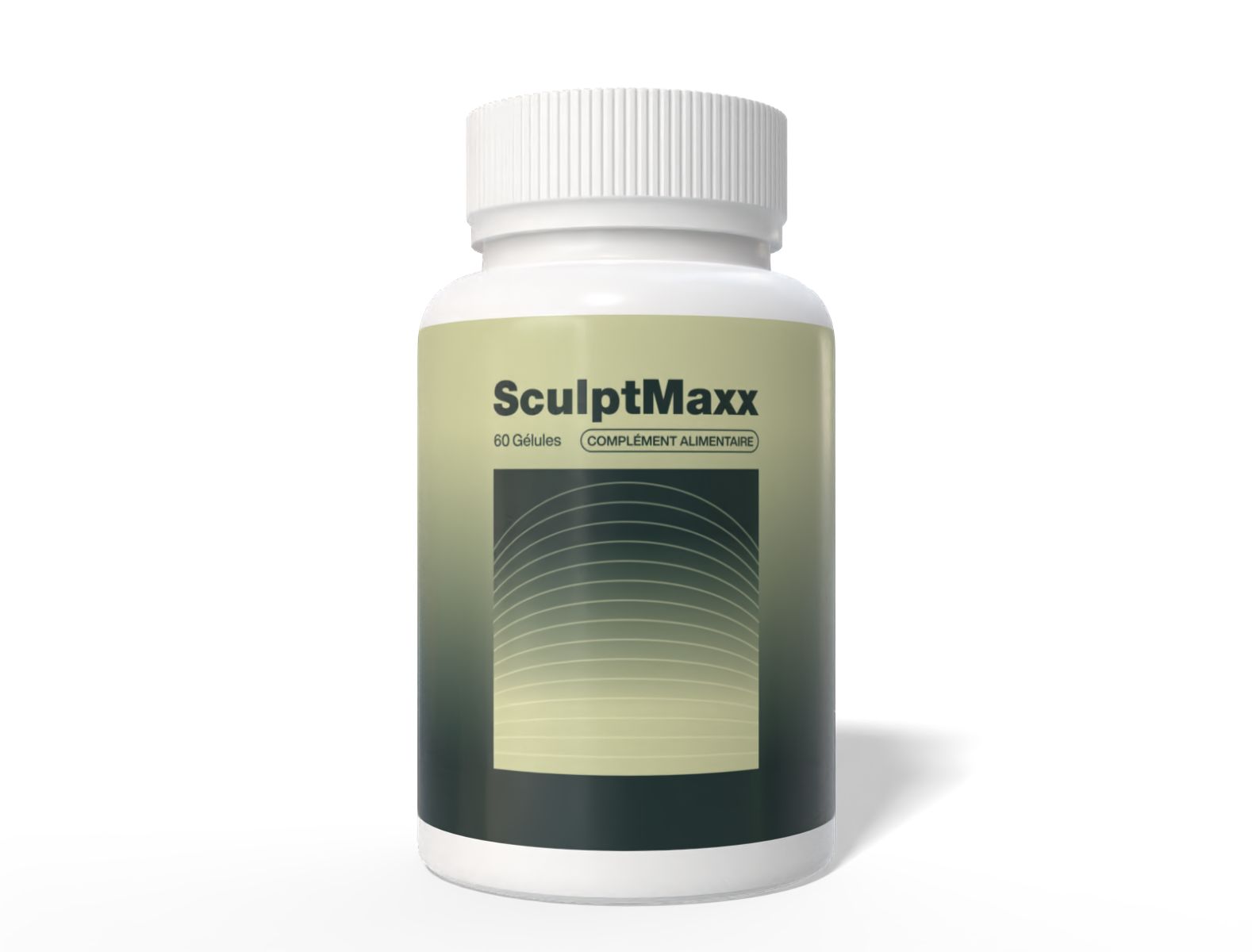 Weiße Flasche mit SculptMaxx-Etikett. Schriftzug: 60 Gelules, Complement Alimentaire.