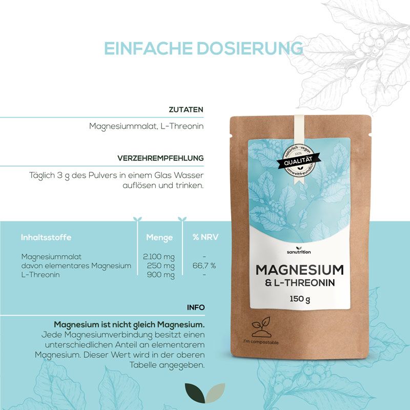 Produktabbildung mit Text. Magnesium & L-Threonin in Papierverpackung. Informationen zu Inhaltsstoffen, Dosierung und Nährwerten.