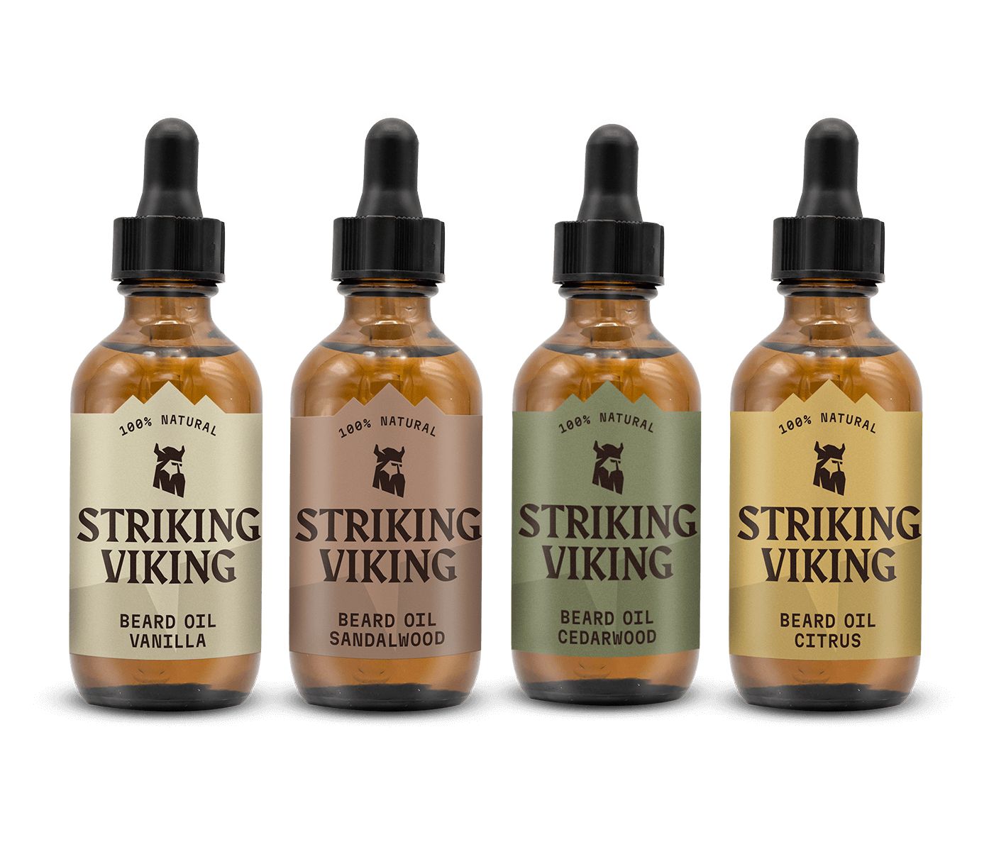 Vier Flaschen Bartöl mit schwarzen Pipetten. Auf den Etiketten steht "Striking Viking" und die Düfte: Vanille, Sandelholz, Zedernholz und Zitrone.