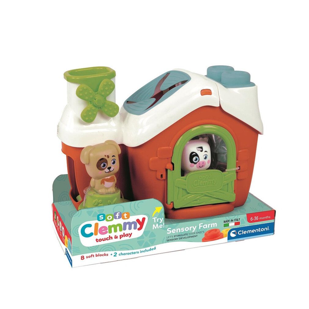 Clemmy Sensory Farm Spiel in Verpackung. Rotes Spielhaus mit Figuren. 8 Blöcke und 2 Figuren. Altersempfehlung 6-36 Monate.
