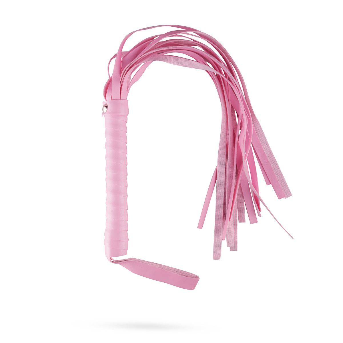 Frusta rosa con manico e frange. Manico con texture, frange a strisce. Anello sul manico.