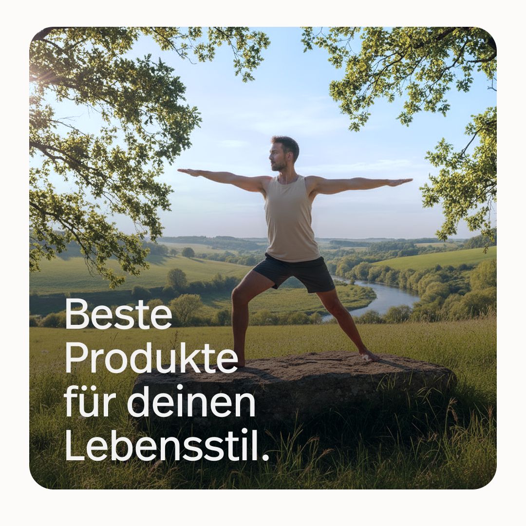Mann in Yoga-Pose im Freien, mit Text 'Beste Produkte für deinen Lebensstil'.