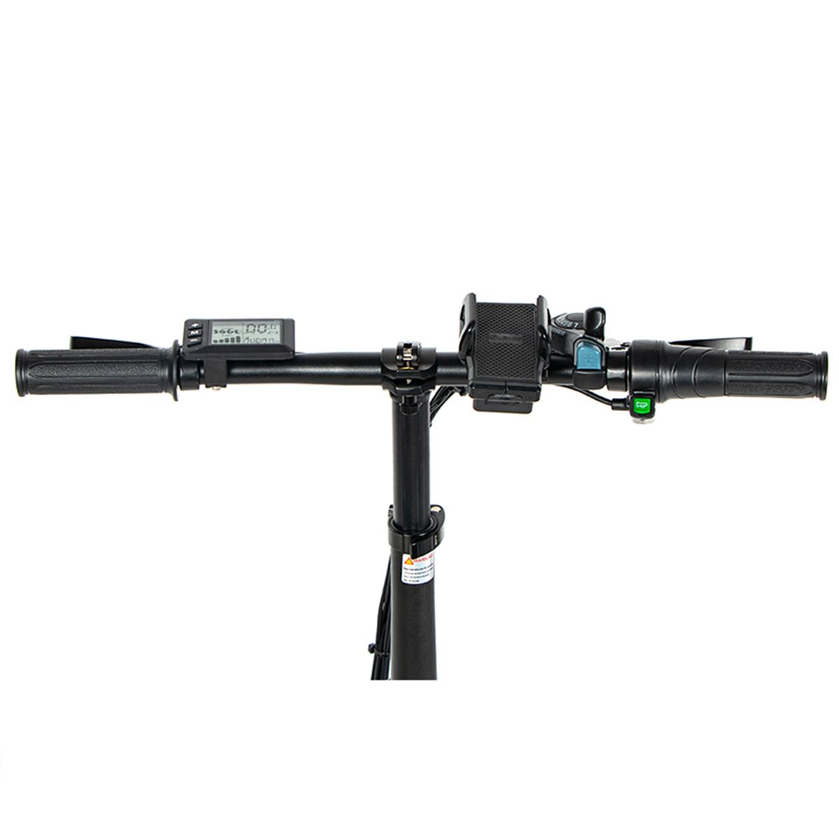 Lenker eines Elektrofahrrads. Schwarze Griffe, Display, Bedienelemente. Marke SAMEBIKE. Oberansicht.