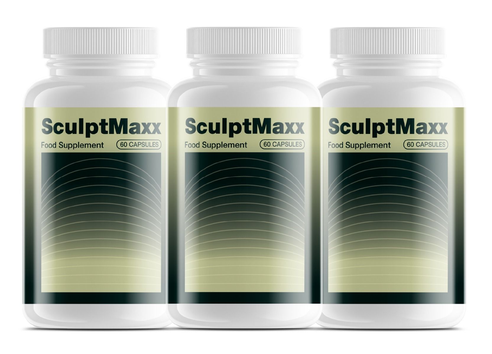 Drei weiße Flaschen mit SculptMaxx-Etikett. Schriftzug: Food Supplement, 60 Capsules.