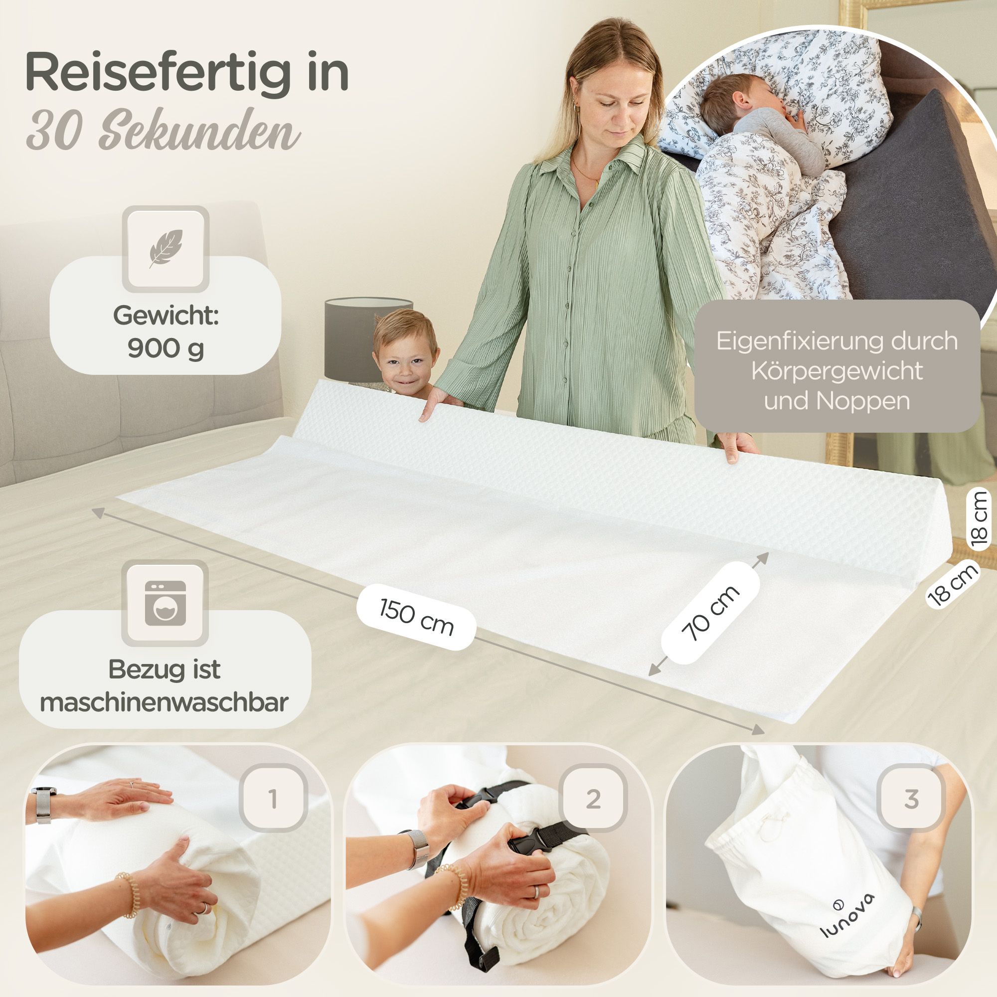 Formstabiler Schaumstoff-Rausfallschutz für Kinderbetten, 150x70x18 cm. Abnehmbarer, maschinenwaschbarer Bezug.