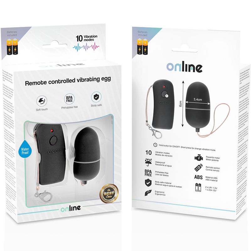 Verpackung mit Fernbedienung und eiförmigem Produkt. Text: "Remote controlled vibrating egg". Enthält 10 Vibrationsmodi. BPA-frei, wasserdicht.