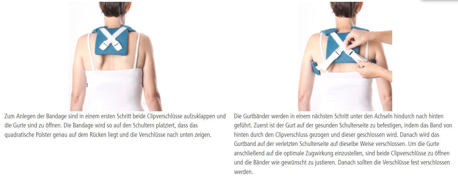 Anleitung zur Anwendung der Claviculabandage. Text und Abbildungen zeigen die Schritte.