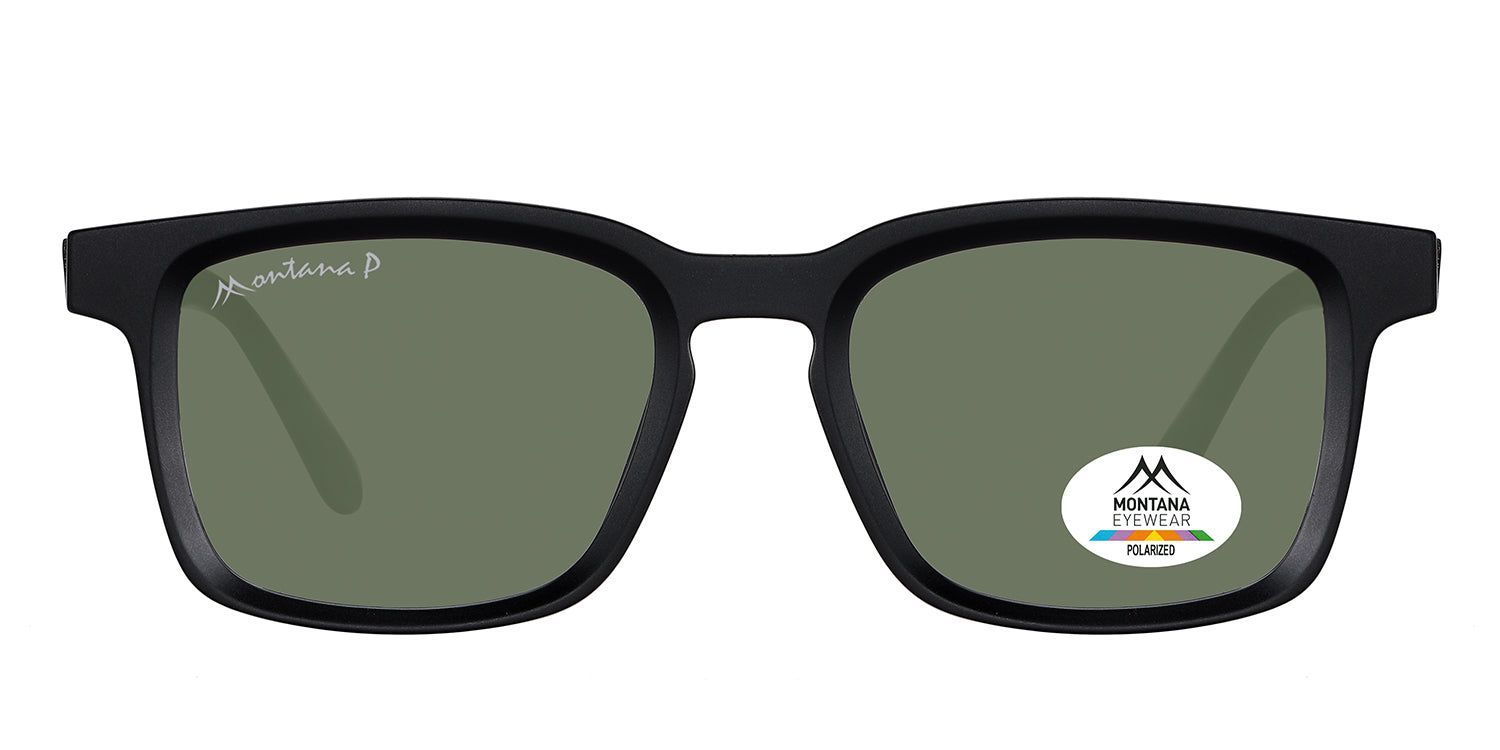 Schwarze Sonnenbrille mit grünen Gläsern. Montana Eyewear Logo auf dem Bügel und Glas. Polarisiert.