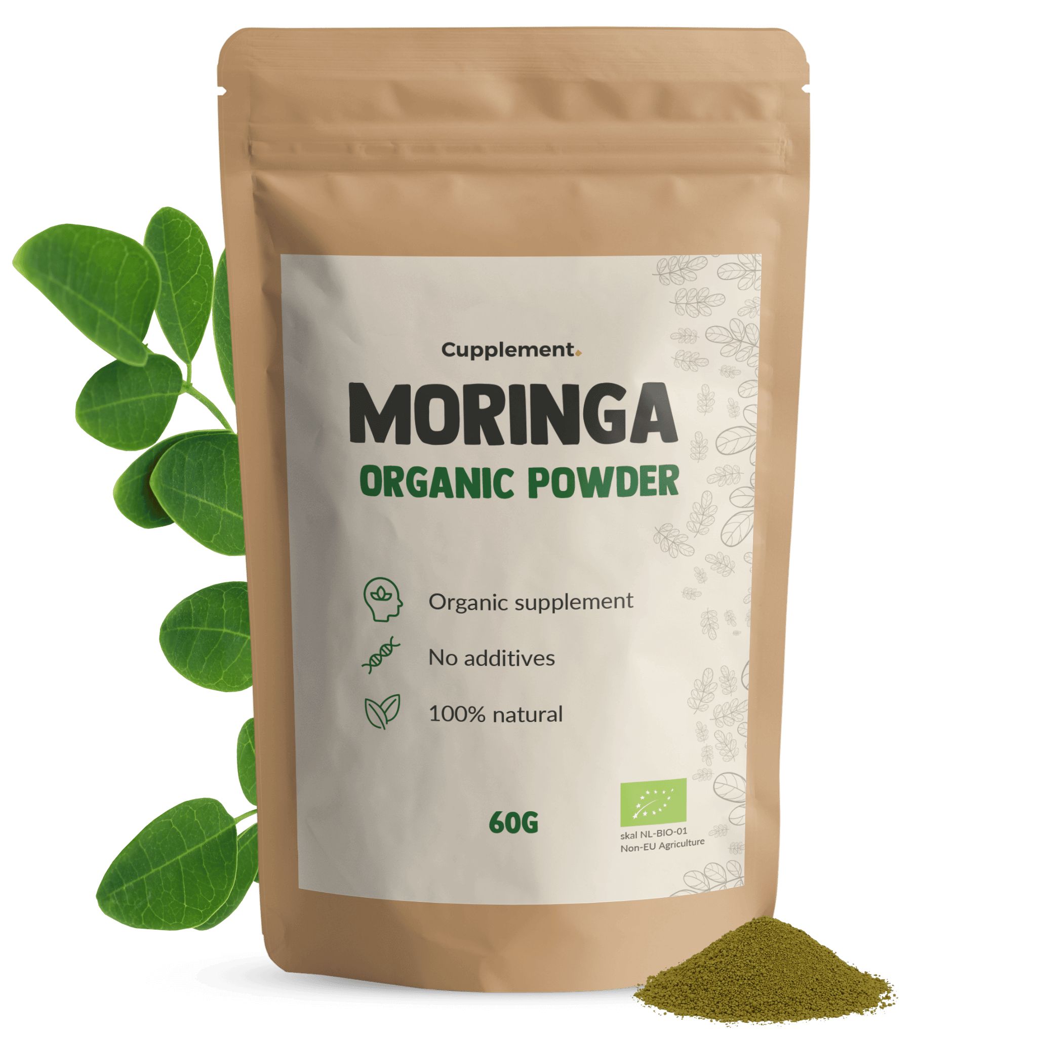 Beutel mit Moringa-Pulver. Aufschrift: MORINGA ORGANIC POWDER. 60g. Bio-Siegel.