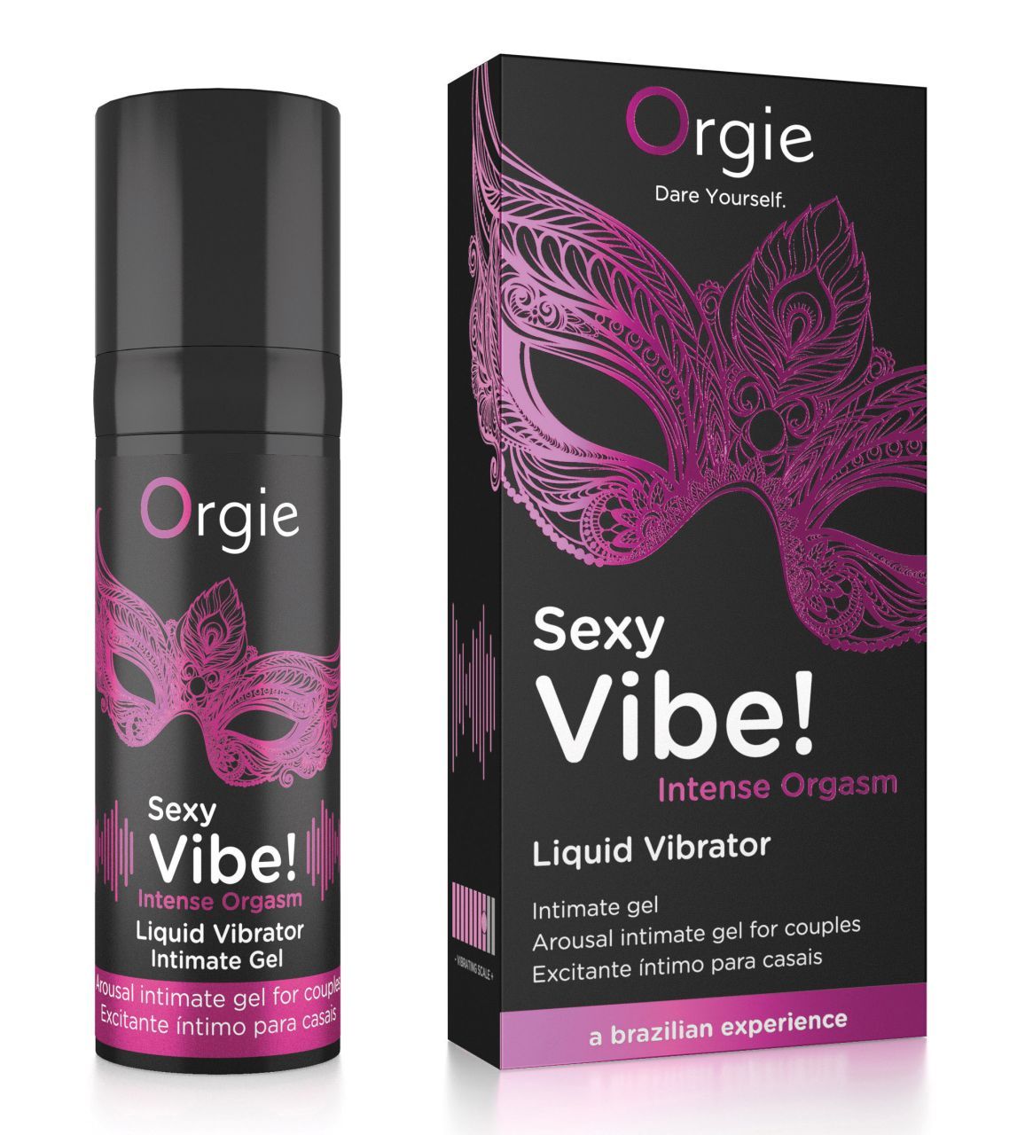 Zylindrische Flasche und Verpackung. Text: Sexy Vibe! Intense Orgasm, Liquid Vibrator, Intimate Gel.