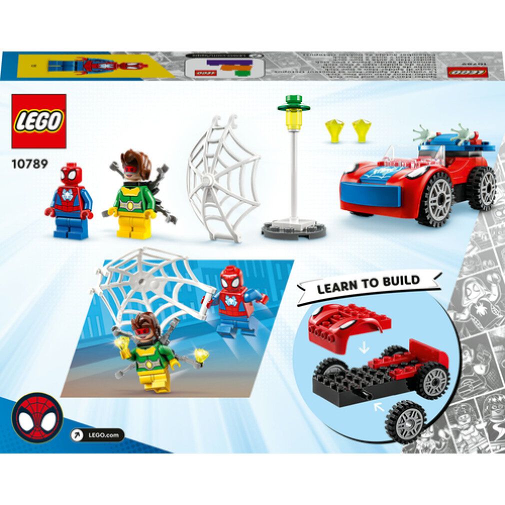 LEGO Marvel Set. Enthält Spidey, Doc Ock, Auto, Spinnennetz, Straßenlaterne. Anleitung zum Bauen. Altersempfehlung 4+.