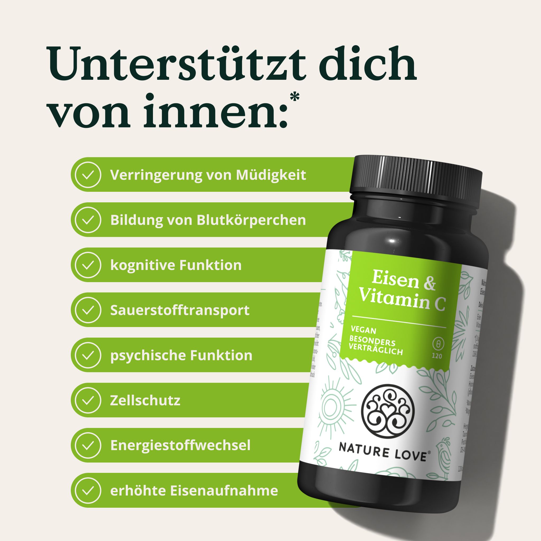 NATURE LOVE® Eisen mit 43mg natürlichem Vitamin C – 20mg Eisenbisglycinat – 120 Kapseln
