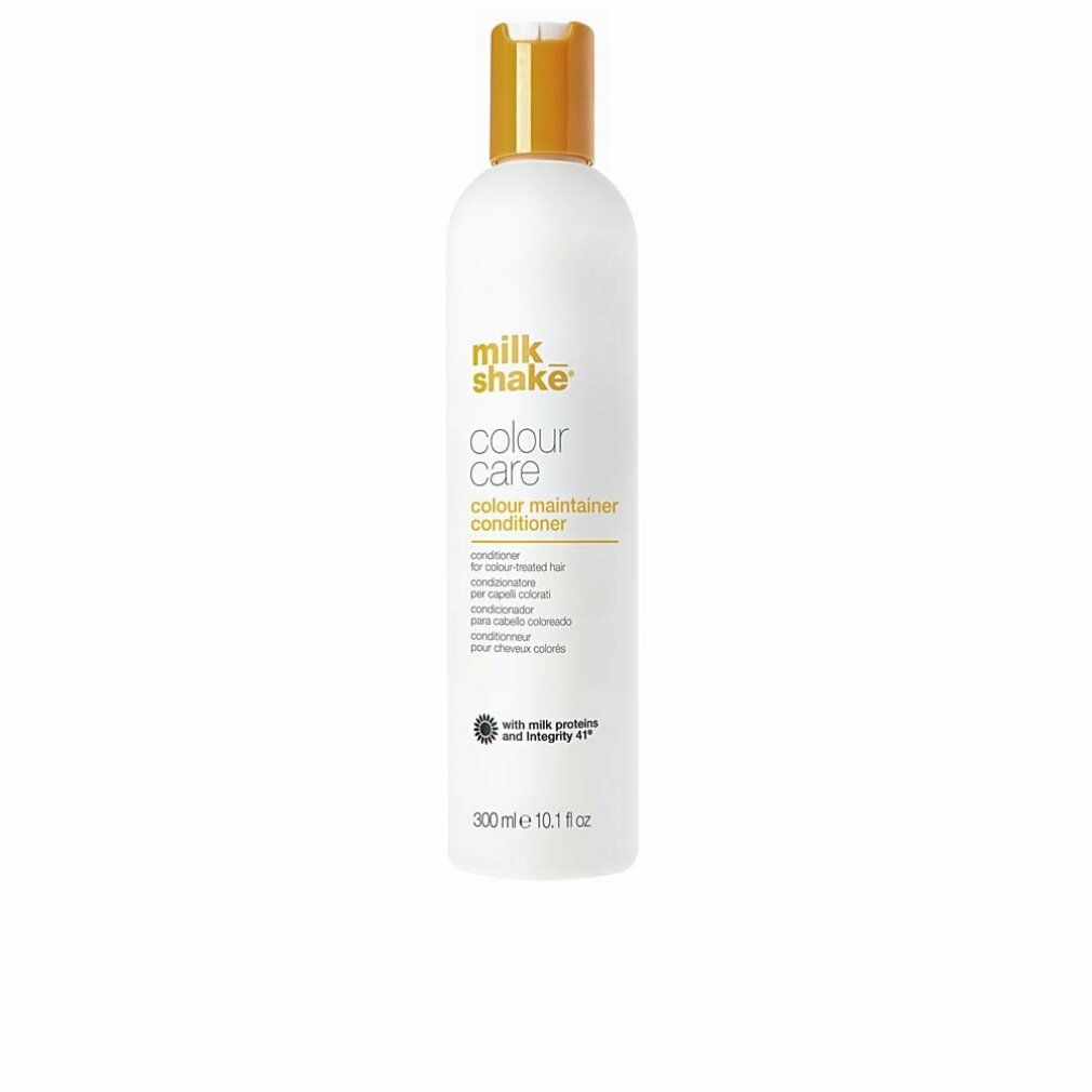 Weiße Flasche mit gelbem Deckel. Aufschrift: milk_shake, colour care, colour maintainer conditioner. 300 ml.
