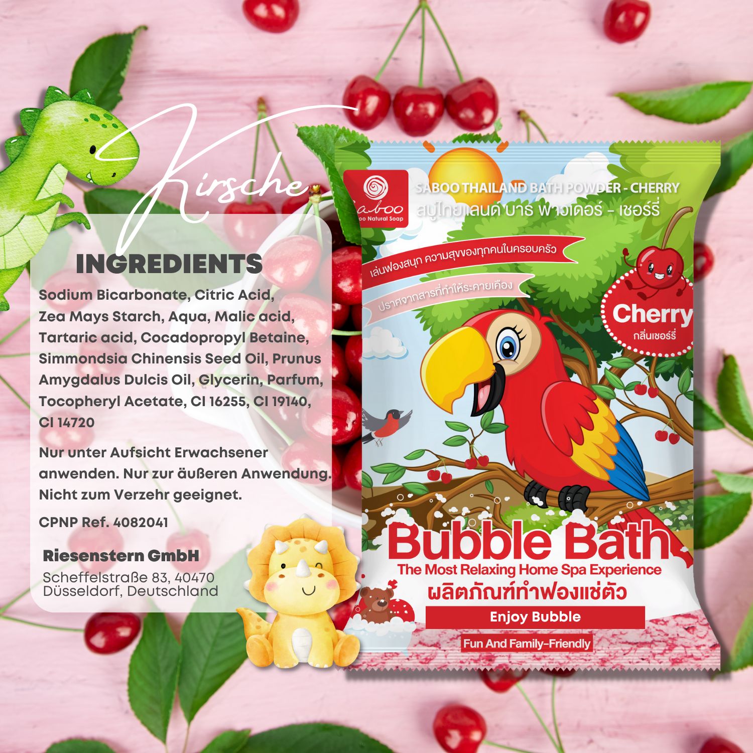 Verpackung mit Kirsch-Badeschaumpulver. Text: Ingredients. Inhaltsstoffe. Illustration: Papagei, Dino. Kirschen.