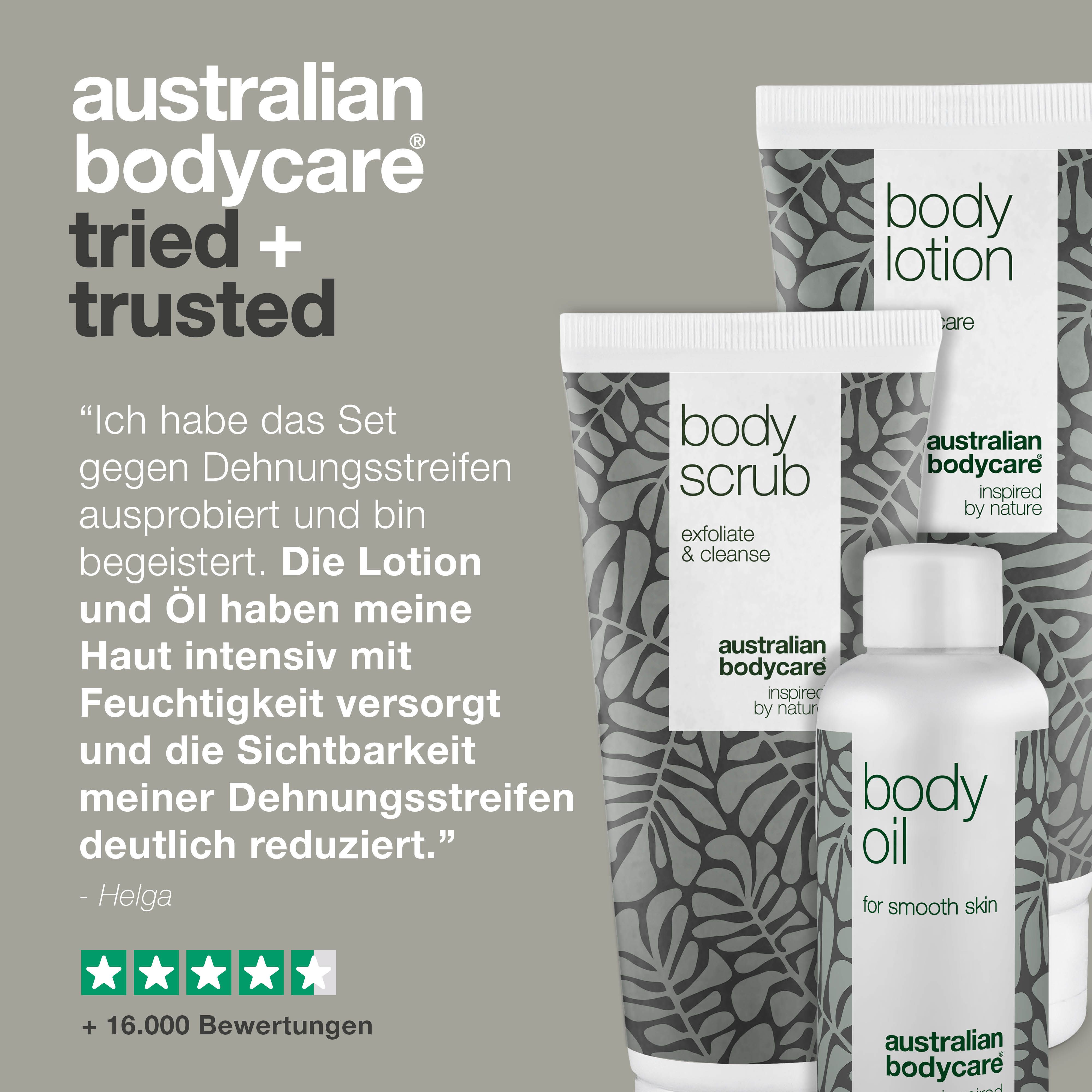 Drei Produkte: Body Lotion, Body Scrub, Body Oil. Weiße Tuben und Flasche mit grauen Blättern. Text: Australian Bodycare.