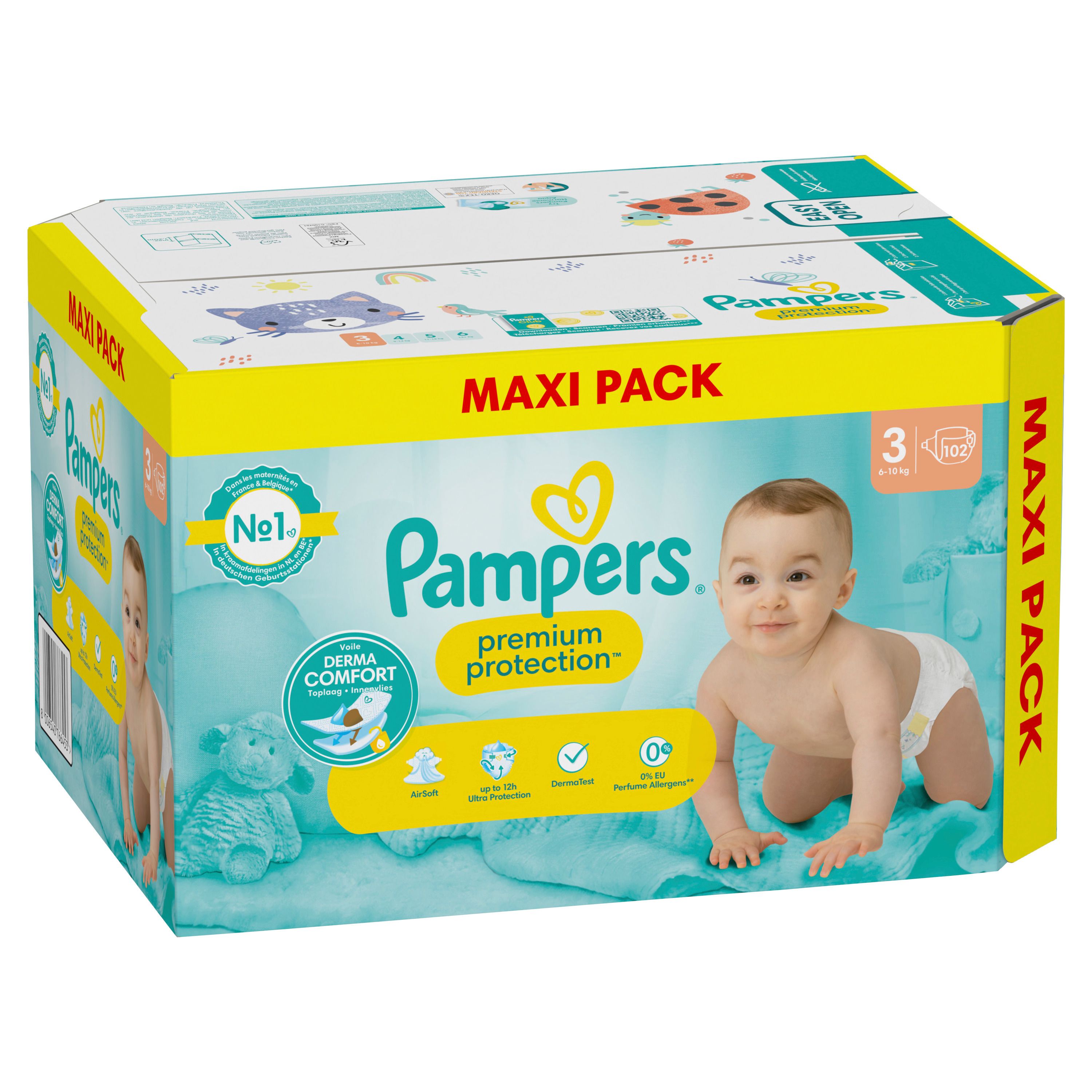 Pampers Windeln "Premium Protection" Gr.3, 6-10kg. Maxi Pack. Verpackung mit Baby, Logo, Größenangabe und Zertifizierung.