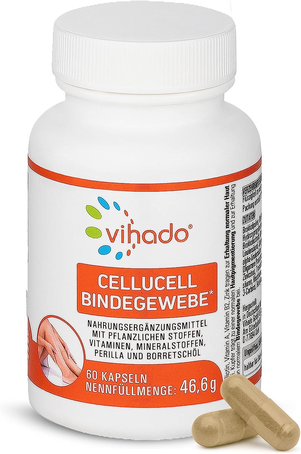 Weiße Flasche mit "vihado"-Logo und "Cellucell Bindegewebe"-Aufschrift. Enthält Kapseln. Zwei Kapseln liegen daneben.